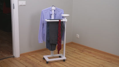 Valet de Chambre Bois, Composé d'un cintre, 3 porte-pantalons et d'une tablette de rangement, blanc, Tatkraft Graf, vdeo