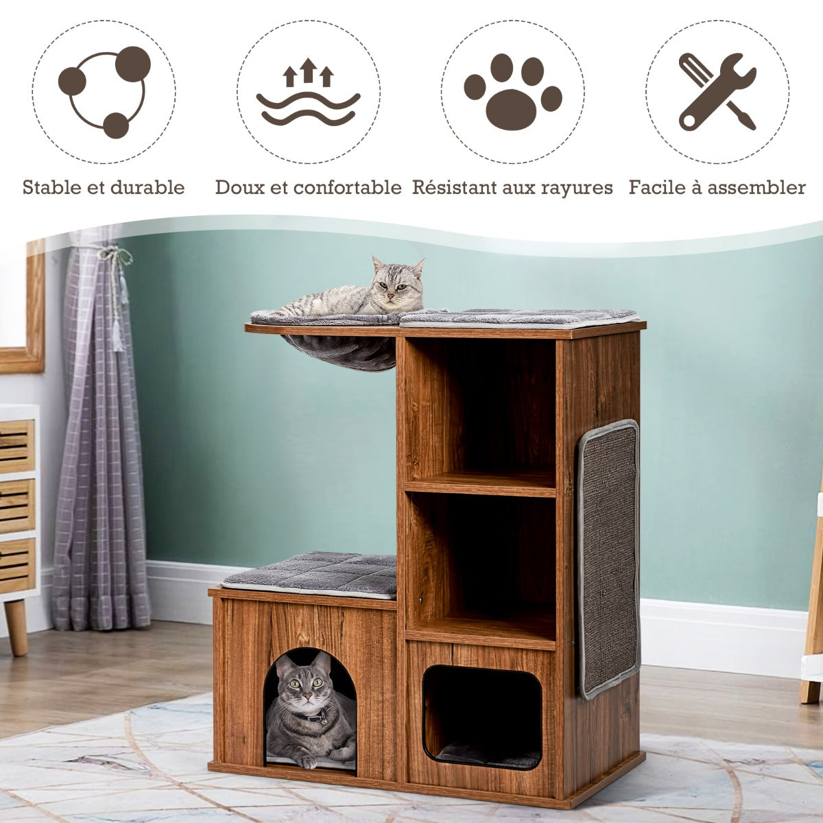 Arbre à Chat, Griffoir Chat, avec 3 Etagères en Bois avec Griffoirs et Coussins Niche Centre d'Activités Charge 20KG, Costway, 5