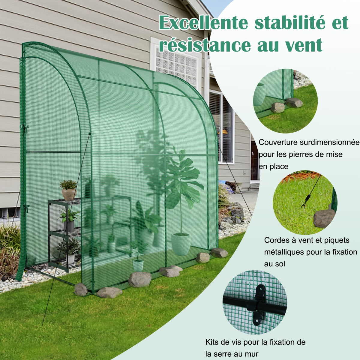 Serre de Jardin, avec Étagère à Plantes 3 Niveaux 2 Portes Zippées, Jardin Couvert, Adossée en PE, Vert, Costway, 6