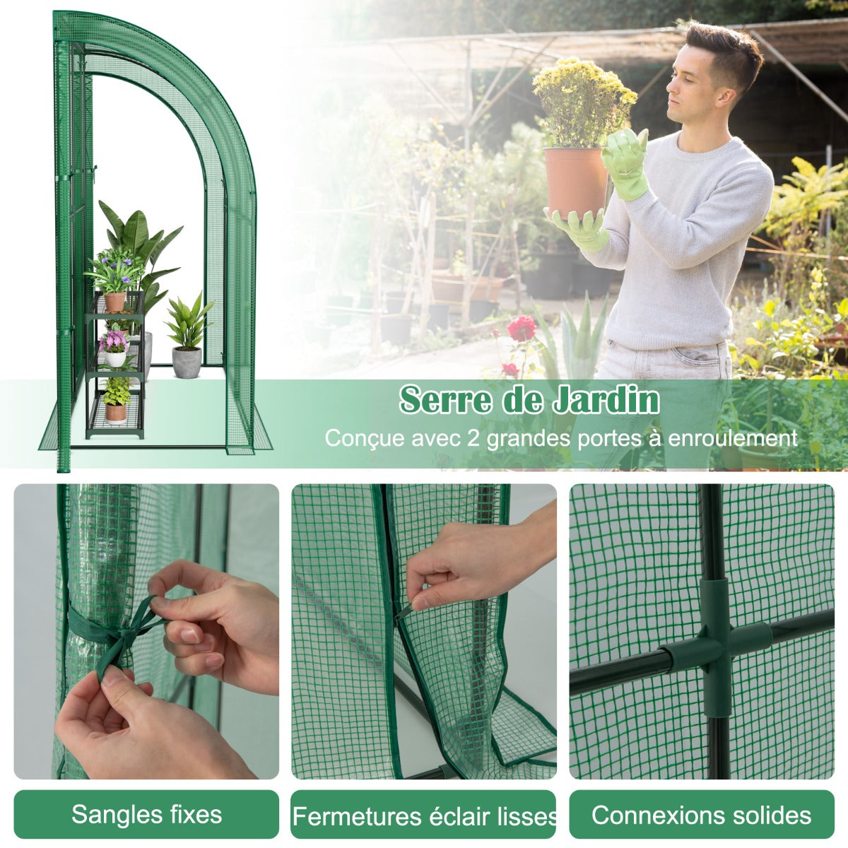 Serre de Jardin, avec Étagère à Plantes 3 Niveaux 2 Portes Zippées, Jardin Couvert, Adossée en PE, Vert, Costway, 4