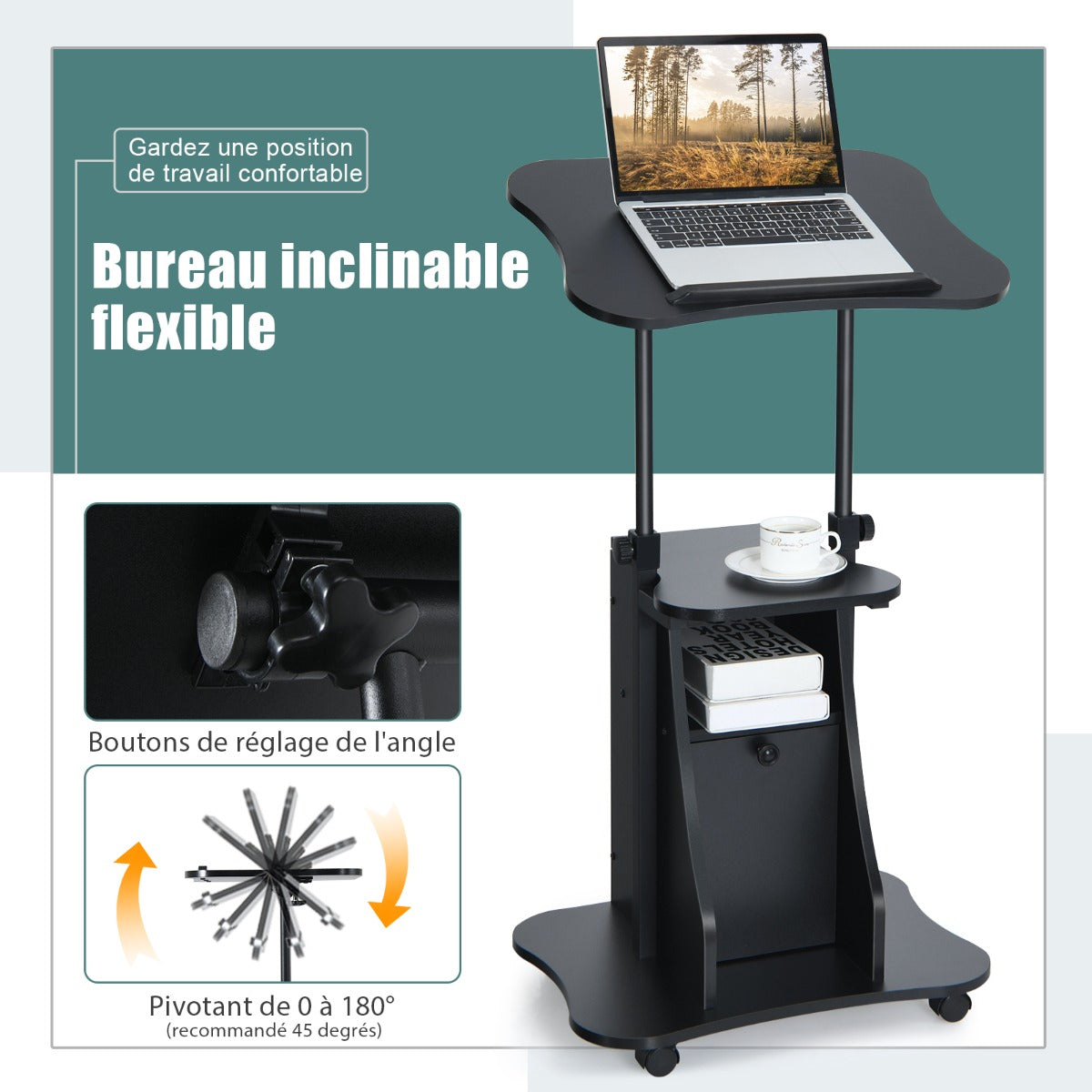 Support PC Portable, Bureau Assis Debout, Bureau Reglable Hauteur, Plateau Inclinable à 180°, Noir, Costway, 7