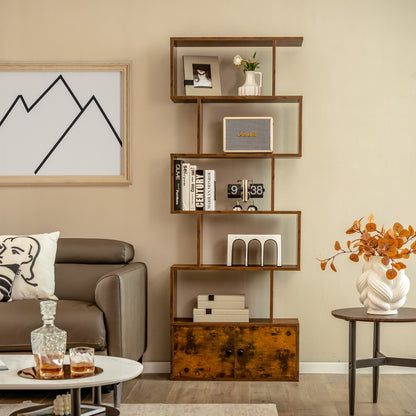 Étagère Bibliothèque, Etagere de Rangement, Etagere Colonne, Échelle en Bois à 6 niveaux avec 2 Portes, Marron Rustique, Costway, 2