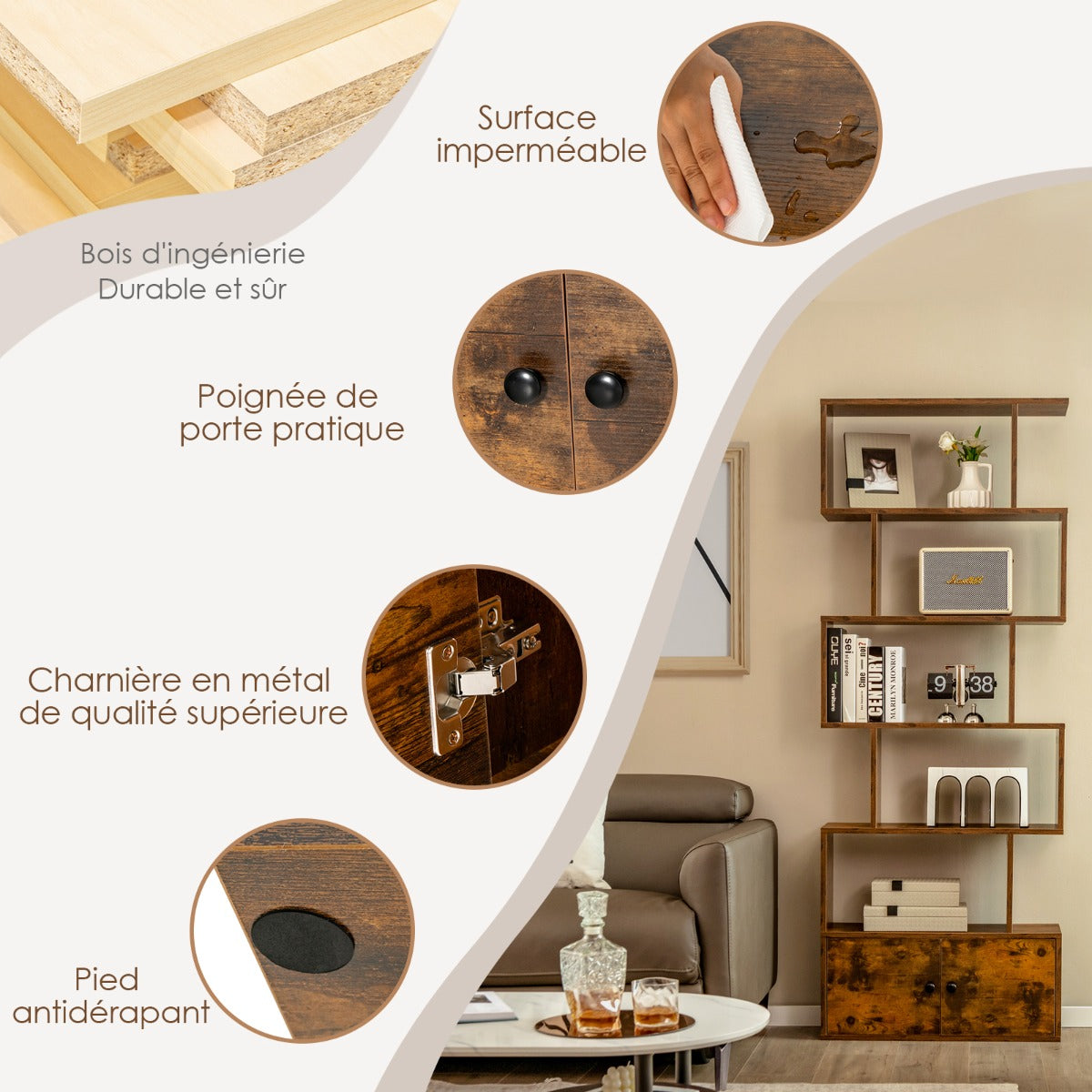 Étagère Bibliothèque, Etagere de Rangement, Etagere Colonne, Échelle en Bois à 6 niveaux avec 2 Portes, Marron Rustique, Costway, 6