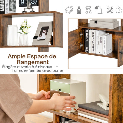 Étagère Bibliothèque, Etagere de Rangement, Etagere Colonne, Échelle en Bois à 6 niveaux avec 2 Portes, Marron Rustique, Costway, 7