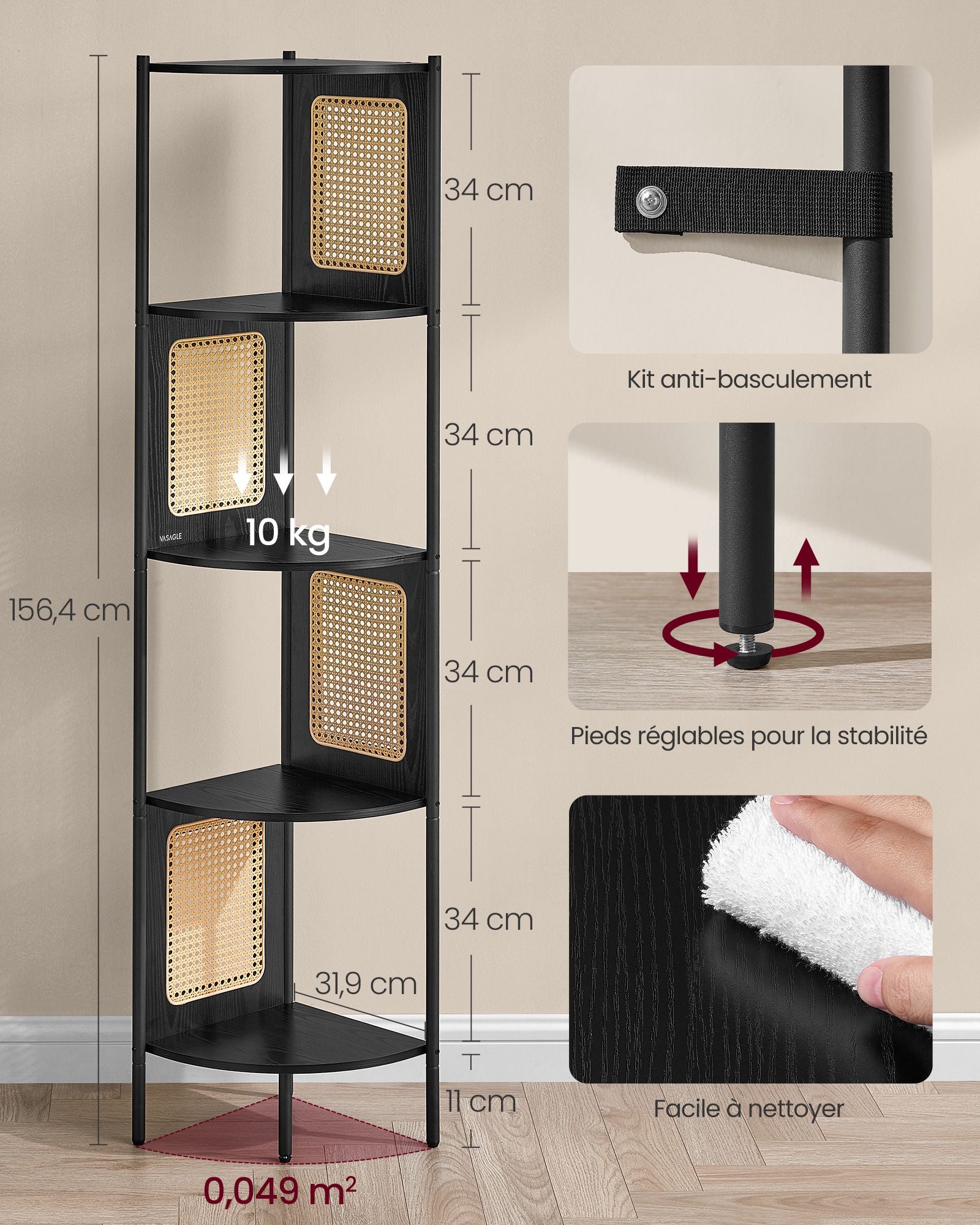 Étagère d’Angle à 5 Niveaux, Bibliothèque avec Côtés en Polyrotin, Étagère de Rangement, Noir Boisé, VASAGLE, 3