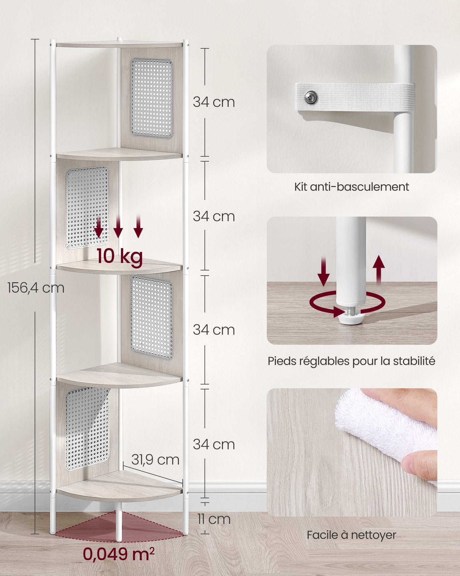 Étagère d’Angle à 5 Niveaux, Bibliothèque, Étagère de Rangement, pour Petits espaces, Beige Avoine, VASAGLE, 3