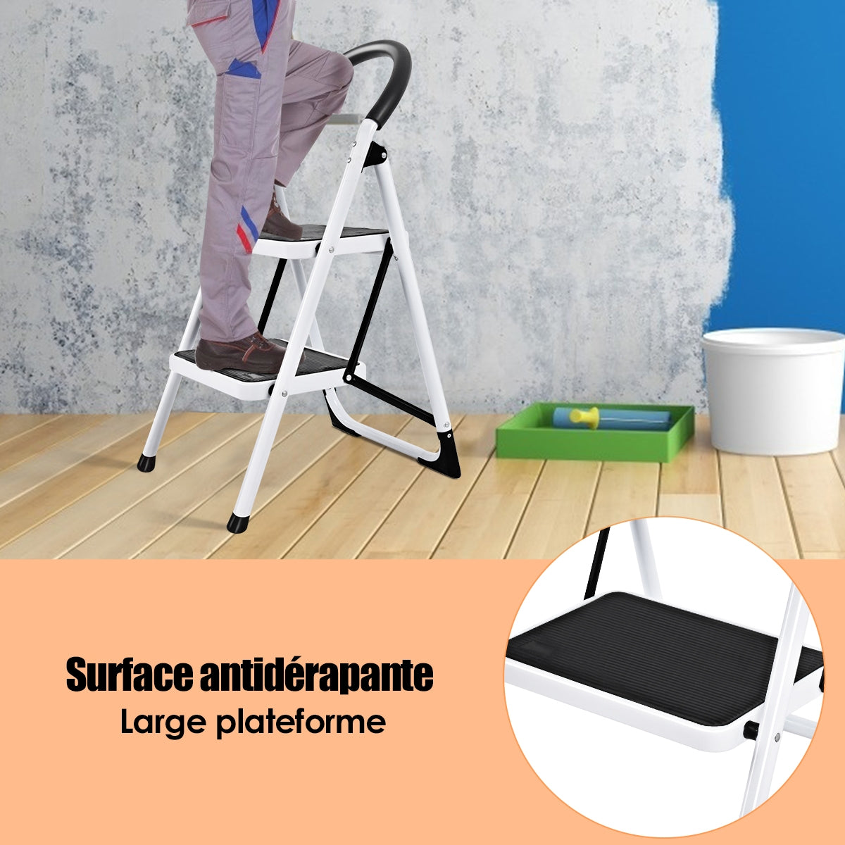 Escabeau Pliable, 2 Marches Pliant en Fer 150KG Charge Max. Marchepied avec Plate-Forme Antidérapante Hauteur 87CM, Costway, 6