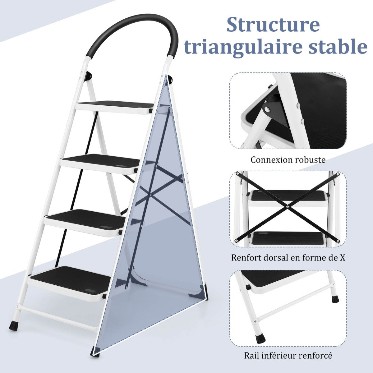 Escabeau pliable, 4 marches, poignée pratique pédale antidérapante et barre transversale renforcée, Capacité de 150 kg, Costway, 6