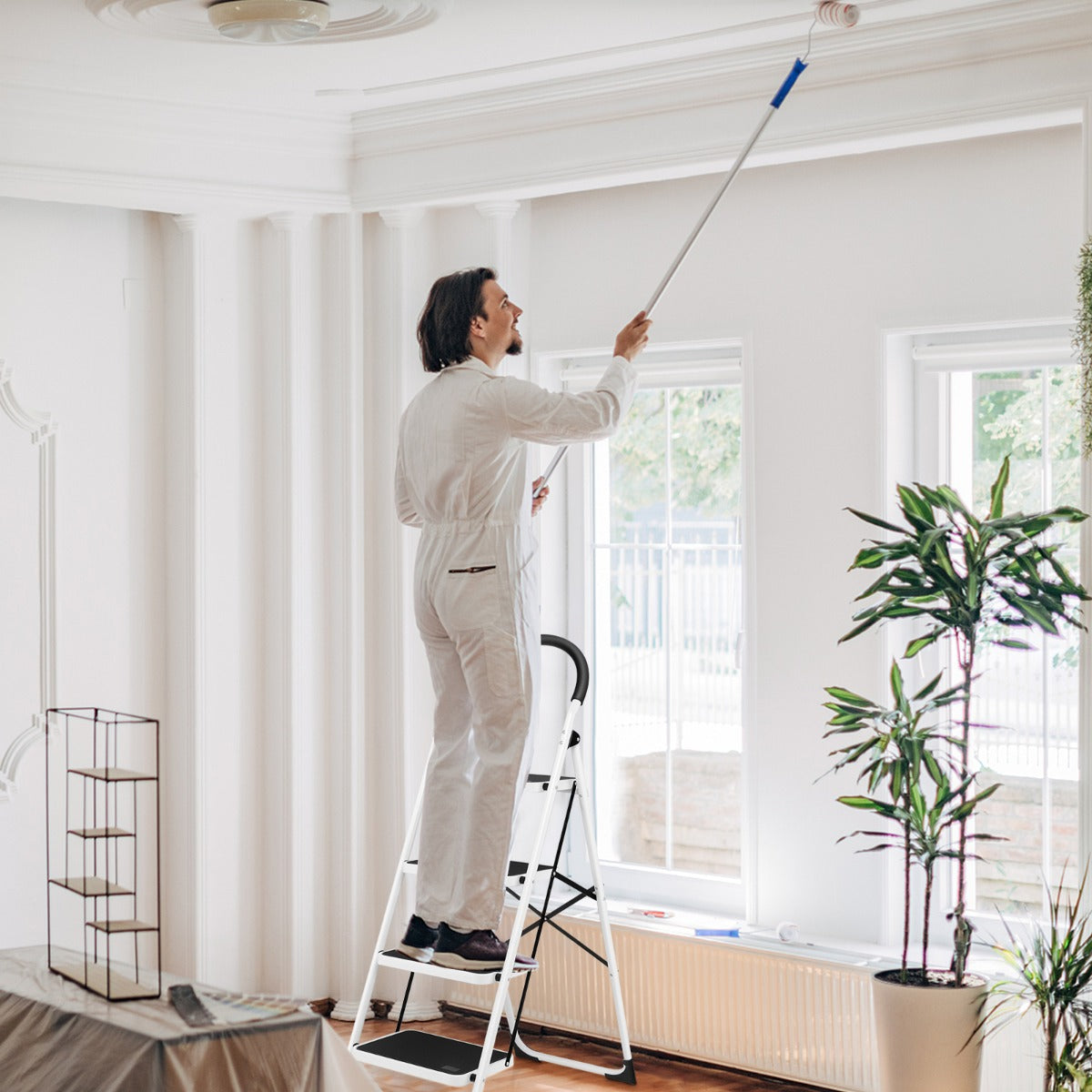 Escabeau pliable, 4 marches, poignée pratique pédale antidérapante et barre transversale renforcée, Capacité de 150 kg, Costway, 2