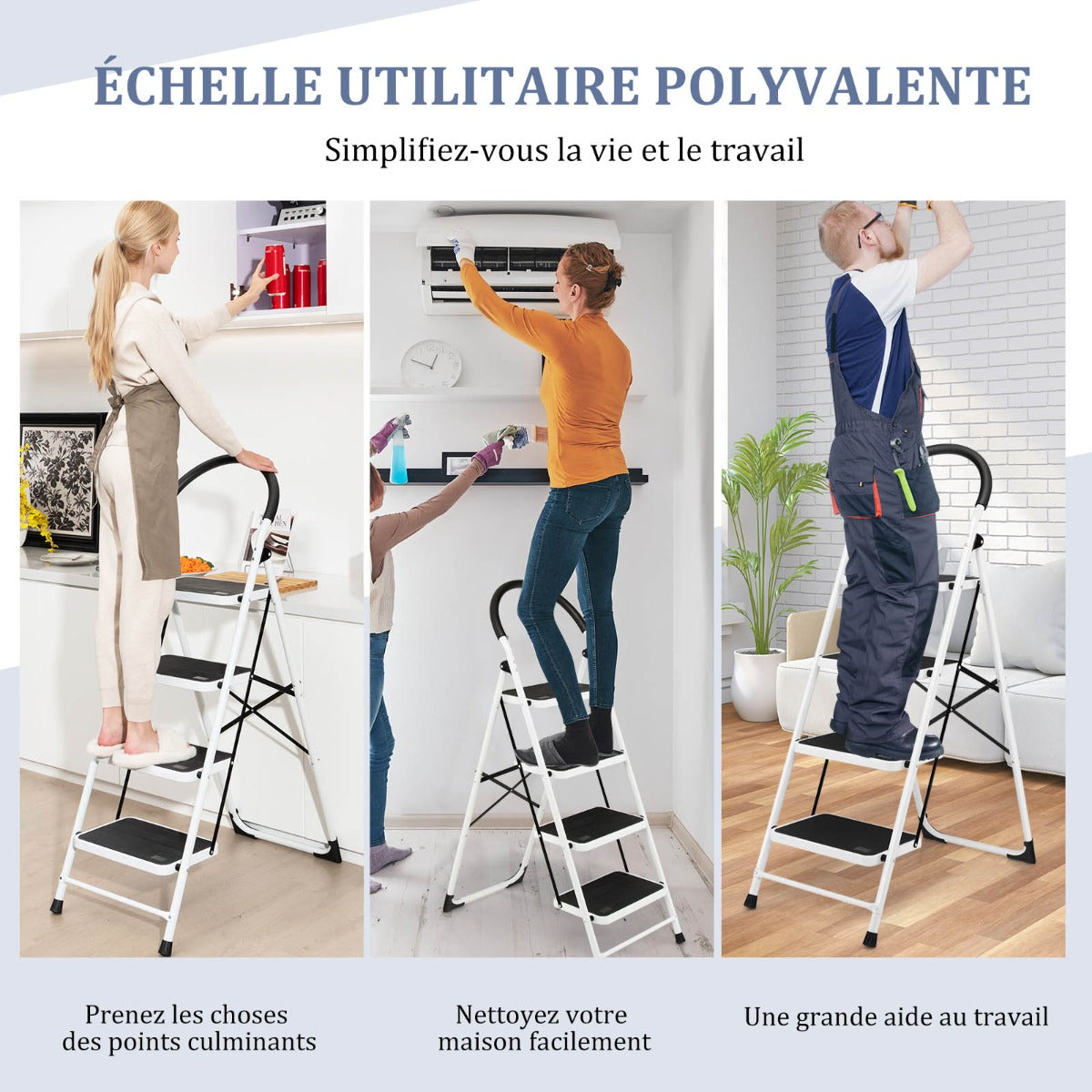 Escabeau pliable, 4 marches, poignée pratique pédale antidérapante et barre transversale renforcée, Capacité de 150 kg, Costway, 8