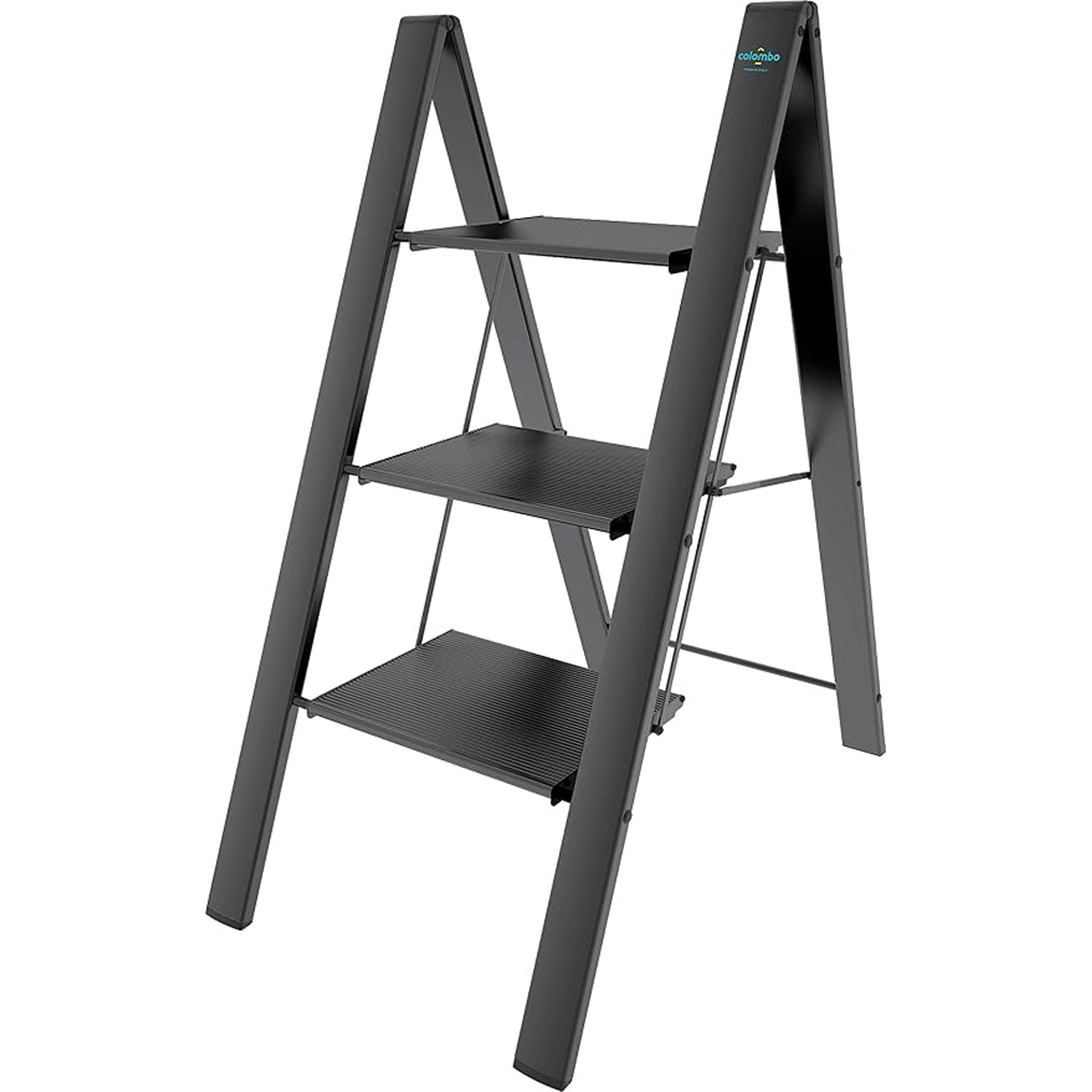  Escabeau 3 marches, Escabeau Pliable, jusqu'à 150 kg de charge, aluminium, Noir, Colombo Leonardo 3 , 1