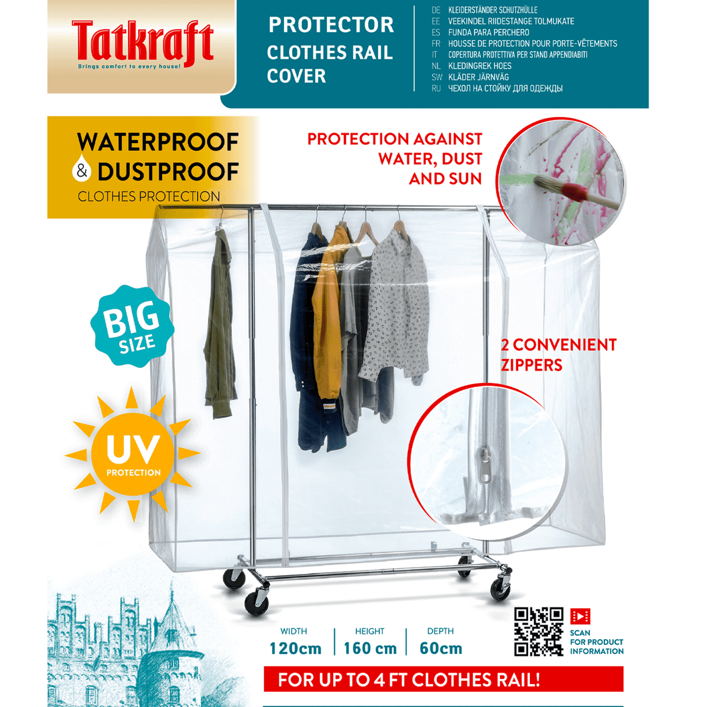 Tatkraft Protector - Housse transparente pour tringle à vêtements, protection contre les rayons UV, housse en PVC avec 2 fermetures éclair, L120 cm