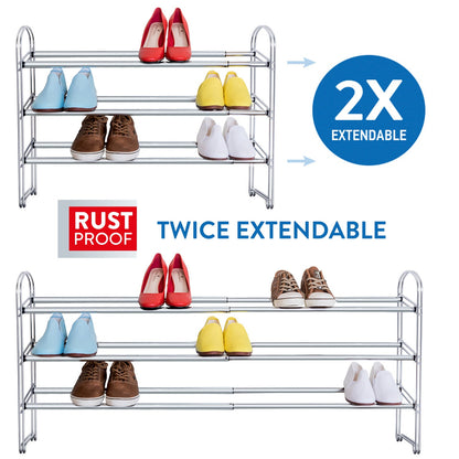 Tatkraft Maestro - Etagère à Chaussures en Acier Chromé 3 Etages, Porte-Chaussures Extensible