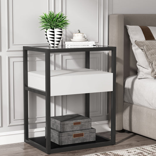 Table d'appoint Haute de Style Simple et Moderne avec tiroir et étagère, Table de Chevet en Verre trempé, 1