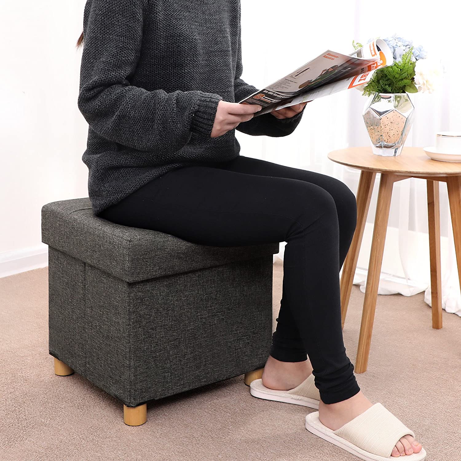 Banc de Rangement, Tabouret rembourré Pliable, avec Couvercle, Pieds en Bois Massif, Charge 300 kg, Gris, SONGMICS