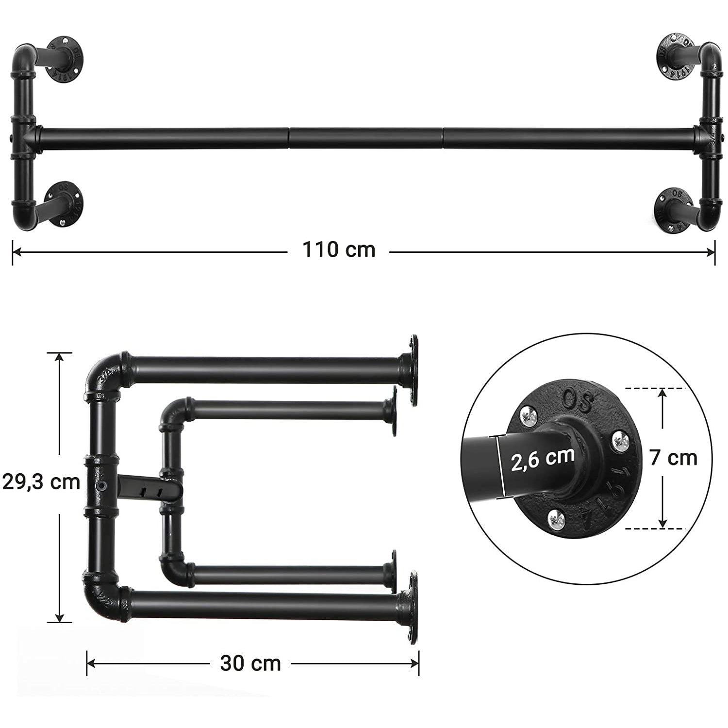 Portemanteau Mural, Barres de Suspension pour vêtements, Imitation Tuyau, Charge 60 kg, Noir, SONGMICS, 5