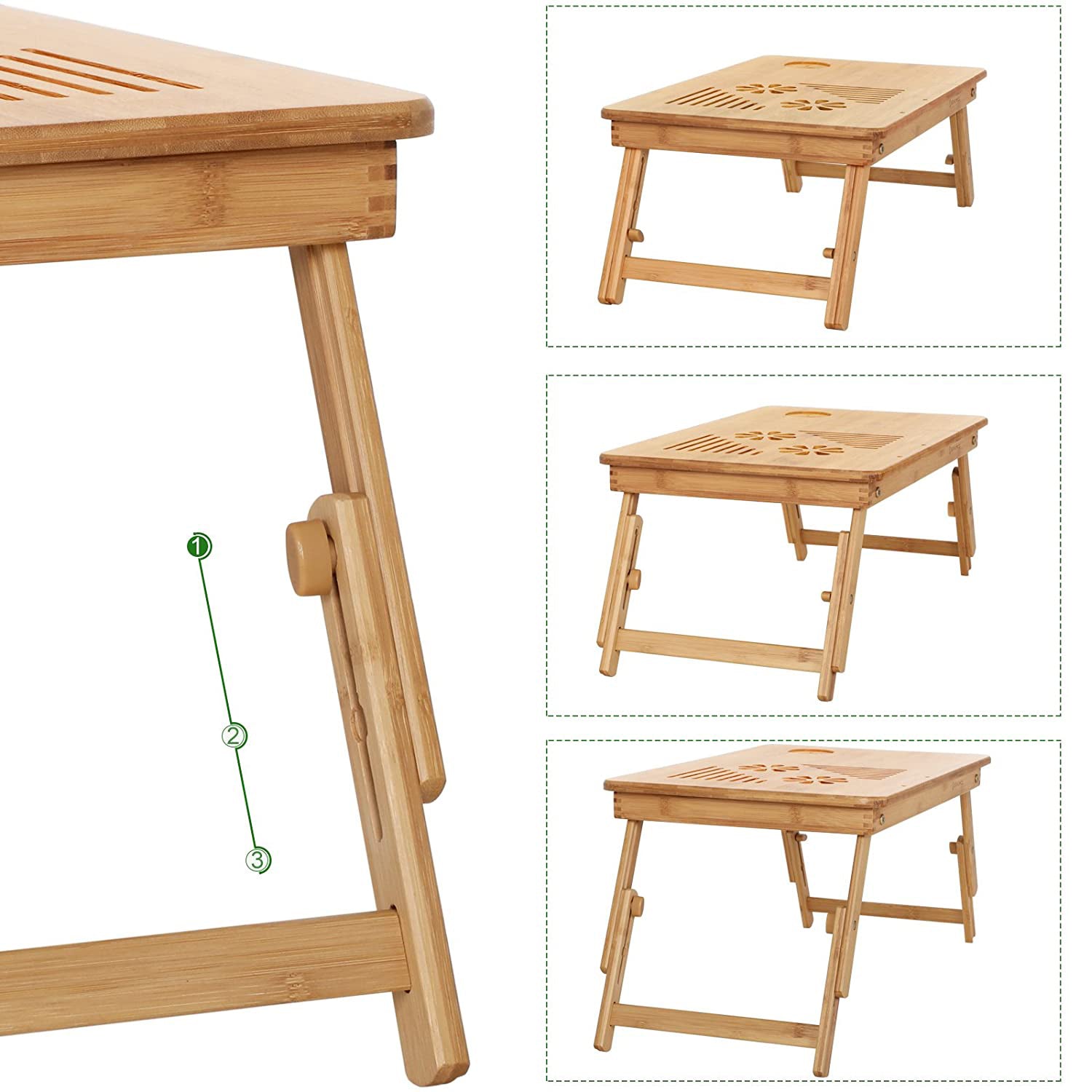 Table en bambou. Stable, 2 pieds durables. Plateau pliable, ajustable en hauteur - SONGMICS