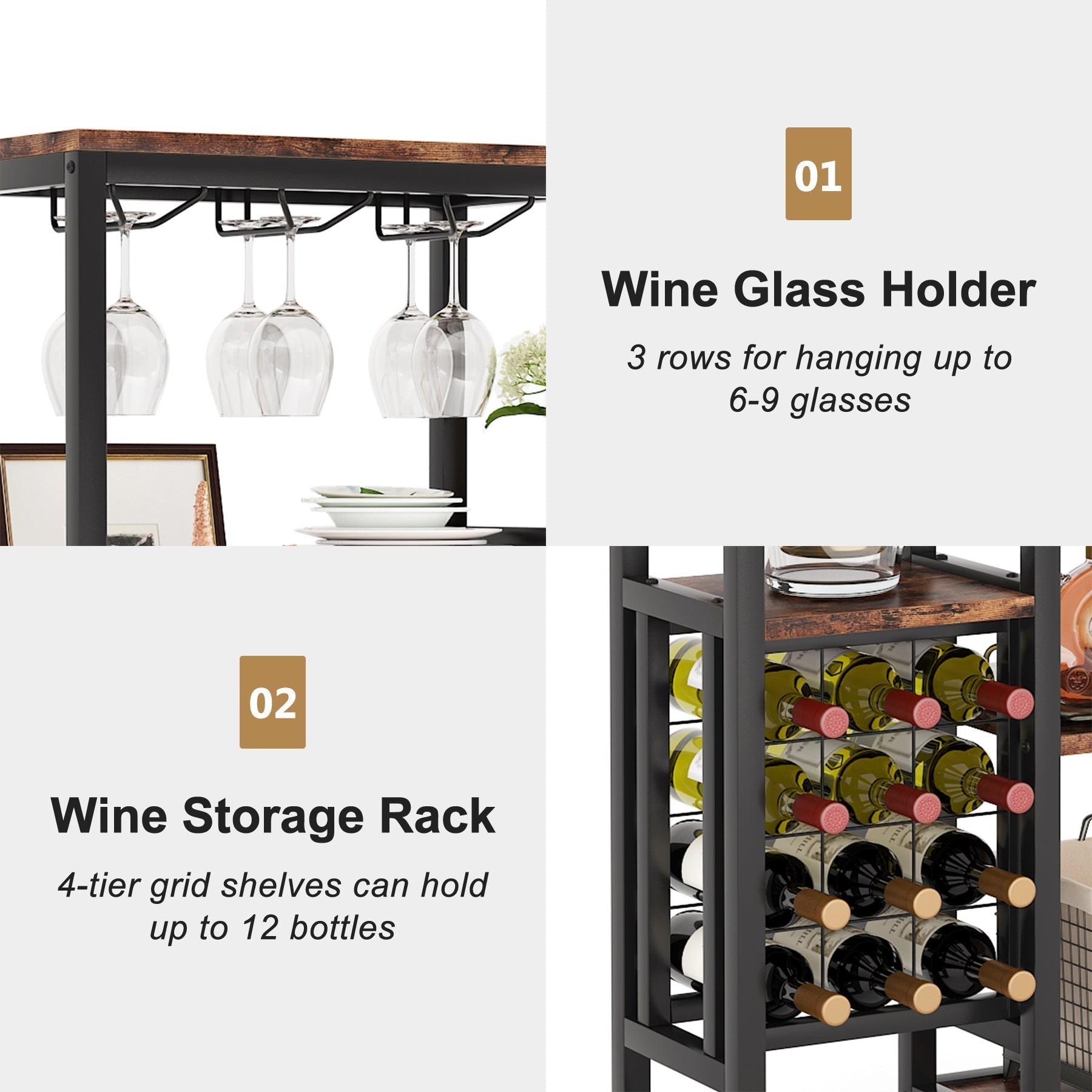 Étagère à vin Autonome à 5 étages avec Support en Verre et Rangement de vin, étagère Industrielle pour Bar, Tribesigns