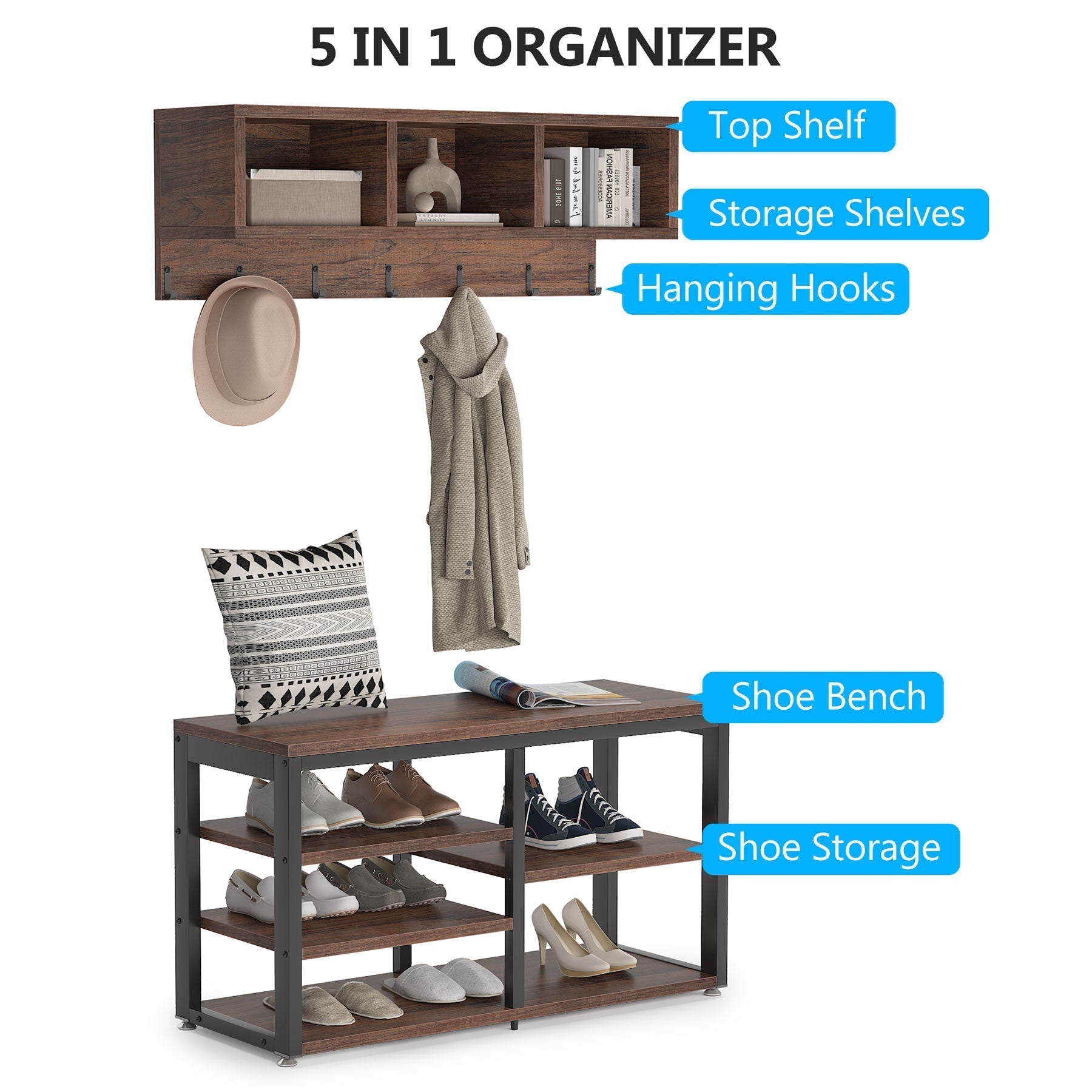 Ensemble de Banc à Chaussures avec Porte-Manteaux, 3 Compartiments de Rangement, 7 Crochets pour entrée, 5 en 1, Tribesigns, 1