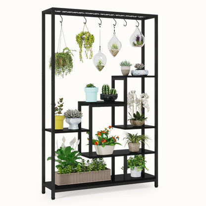 Support pour plantes d'intérieur à 5 niveaux - Grande étagère en métal de 180 cm avec 10 crochets de suspension en S, Noir