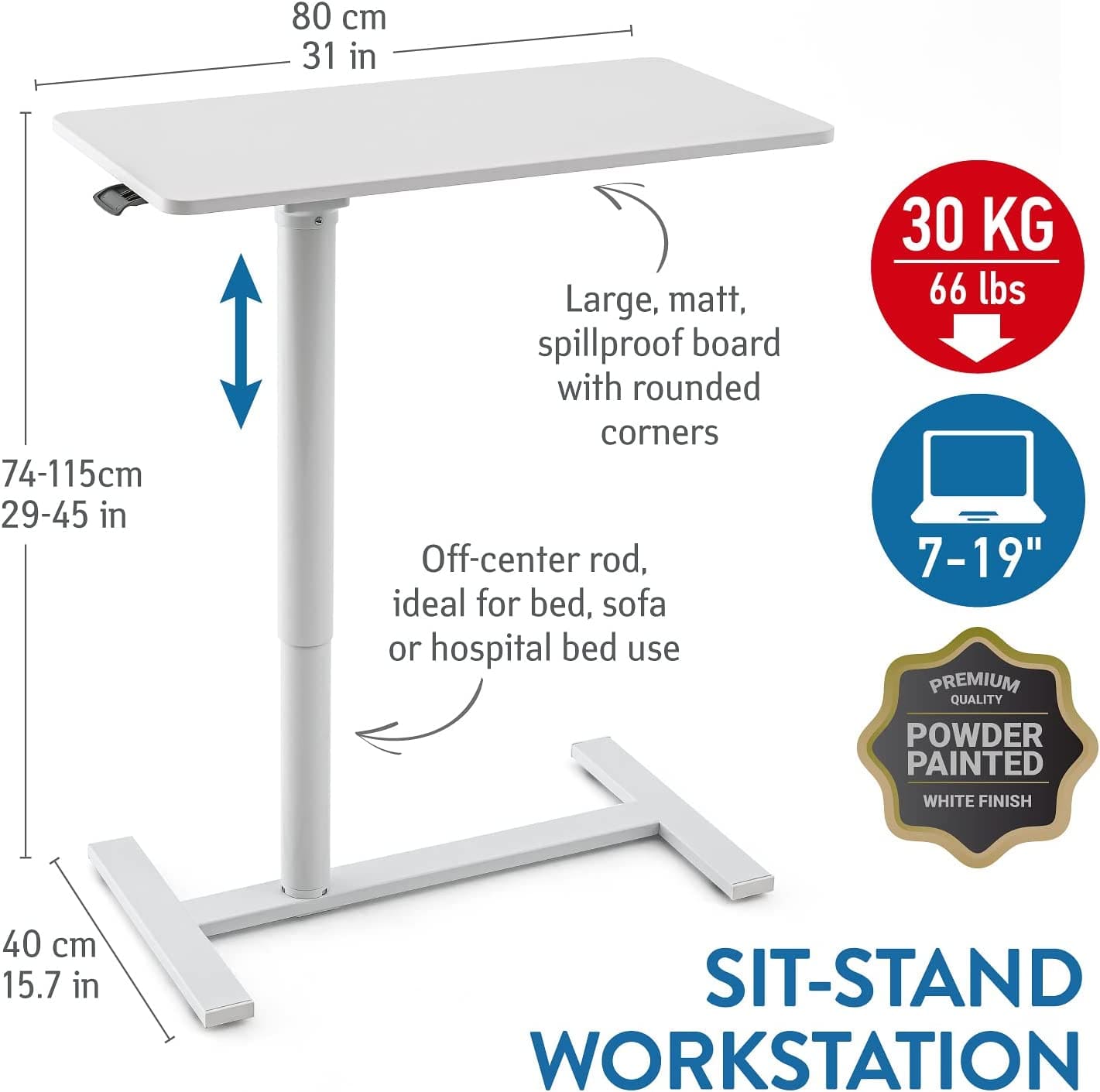 Table Pneumatique pour Ordinateur Portable, grand plan de travail 80X40 cm, la hauteur réglable 74 -115 cm, Tatkraft Relax