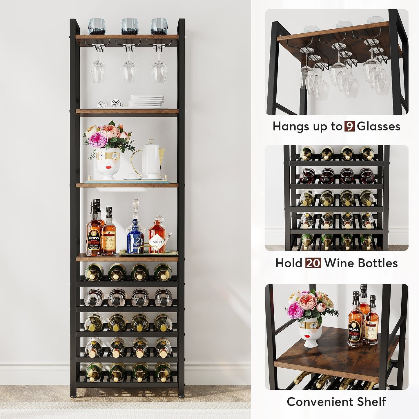 Tribesigns - Étagère à vin Autonome à 9 étages avec Support en Verre et étagères de Rangement, Multifonction pour Bar à vin, Cuisine, Marron Rustique