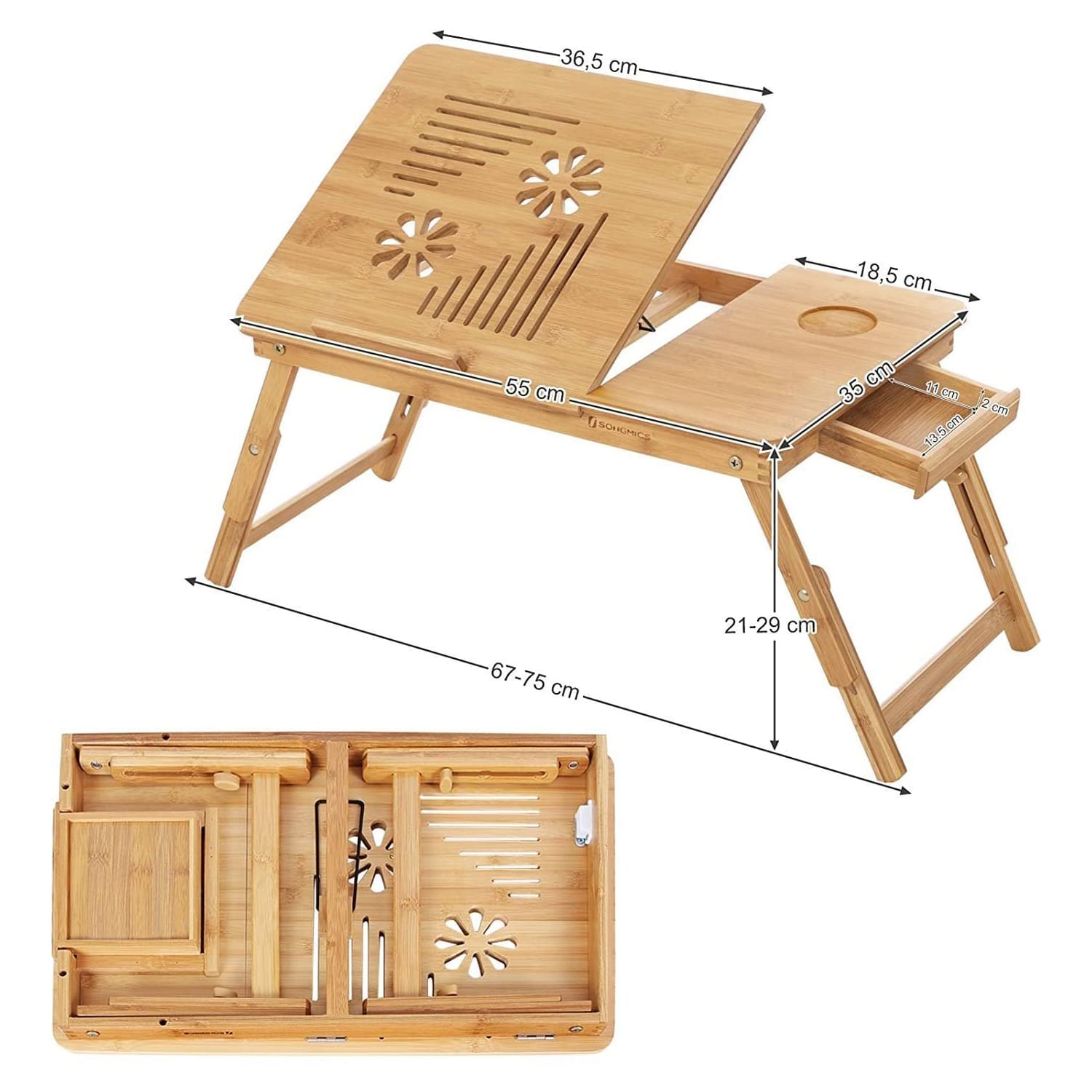 Table en bambou, Plateau pliable et ajustable en hauteur (5 niveaux). Grande surface de 55 x 35 cm - SONGMICS