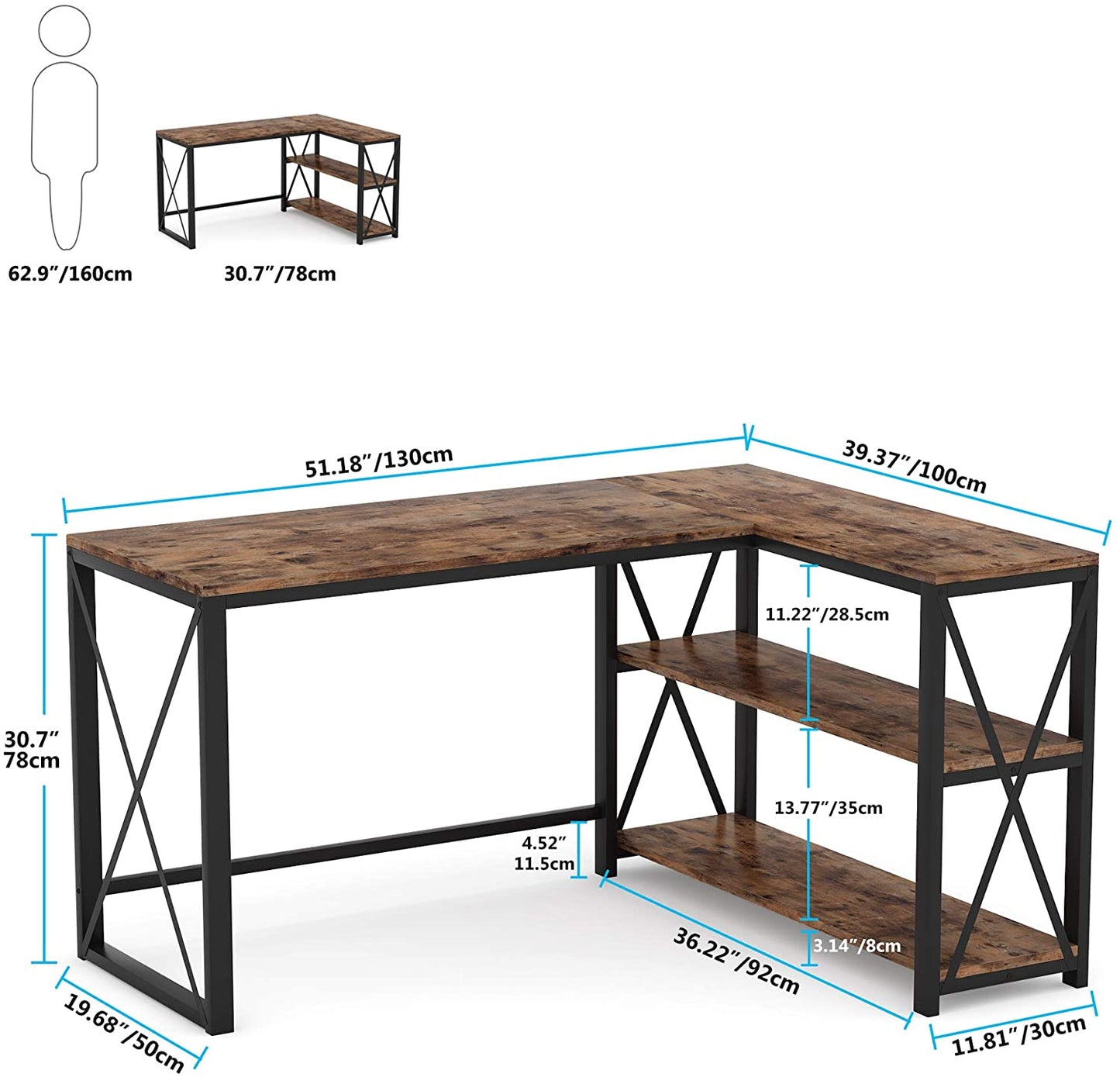 Bureau d'angle, dimensions table : Longueur 130 cm, Largeur 78-100 cm, Hauteur 78 cm, Tribesigns
