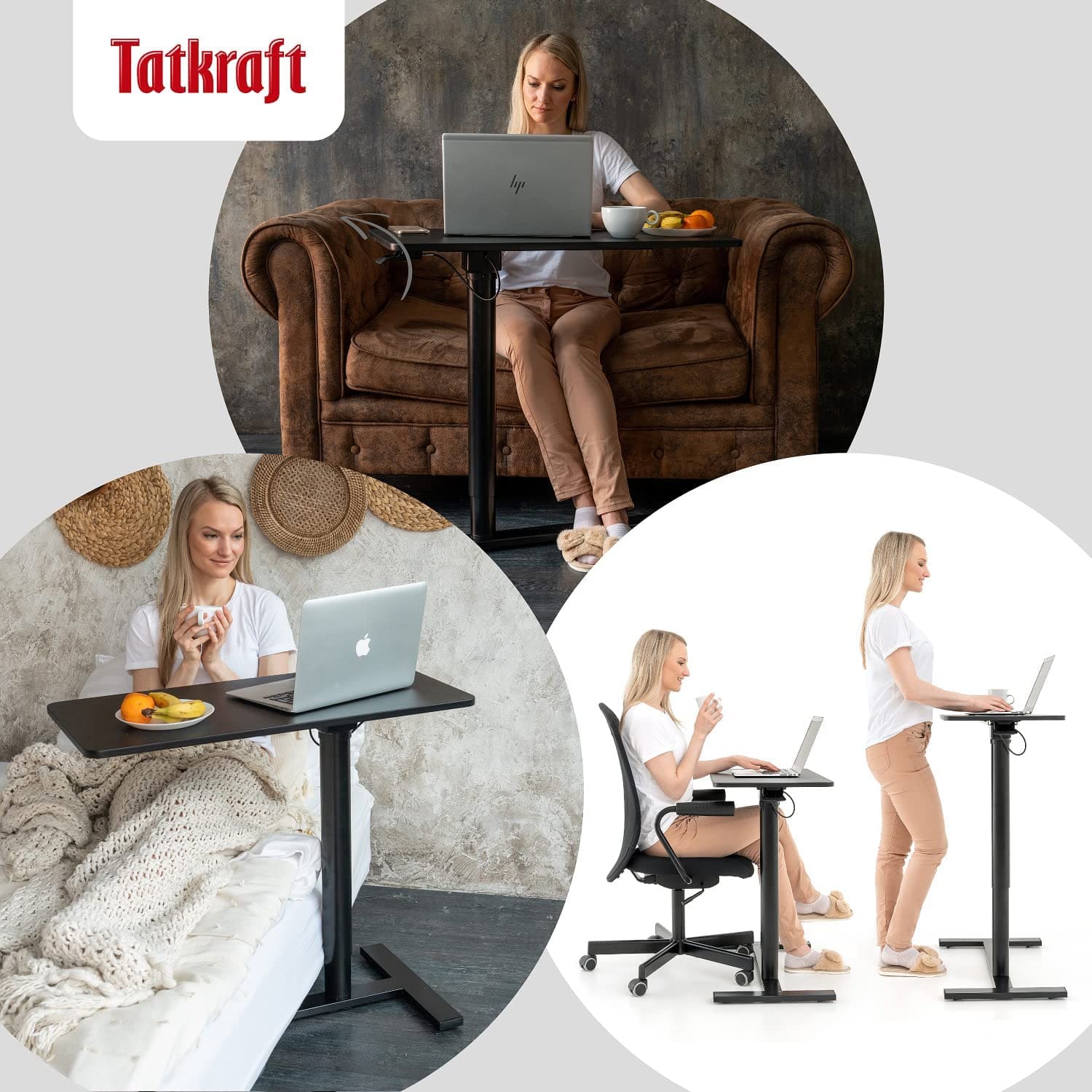 Table pneumatique pour ordinateur portable, table à roulettes pour une utilisation assise et debout, Tatkraft Bliss