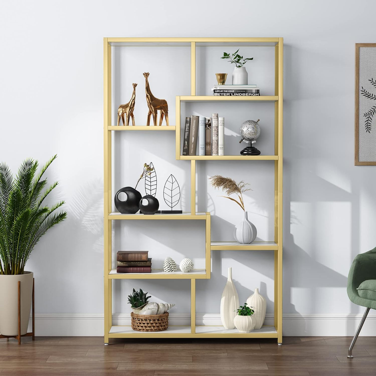 Bibliothèque dorée à 8 étagères Ouvertes avec Imitation marbre, Étagère de Rangement Moderne pour la Maison ou Le Bureau, 5