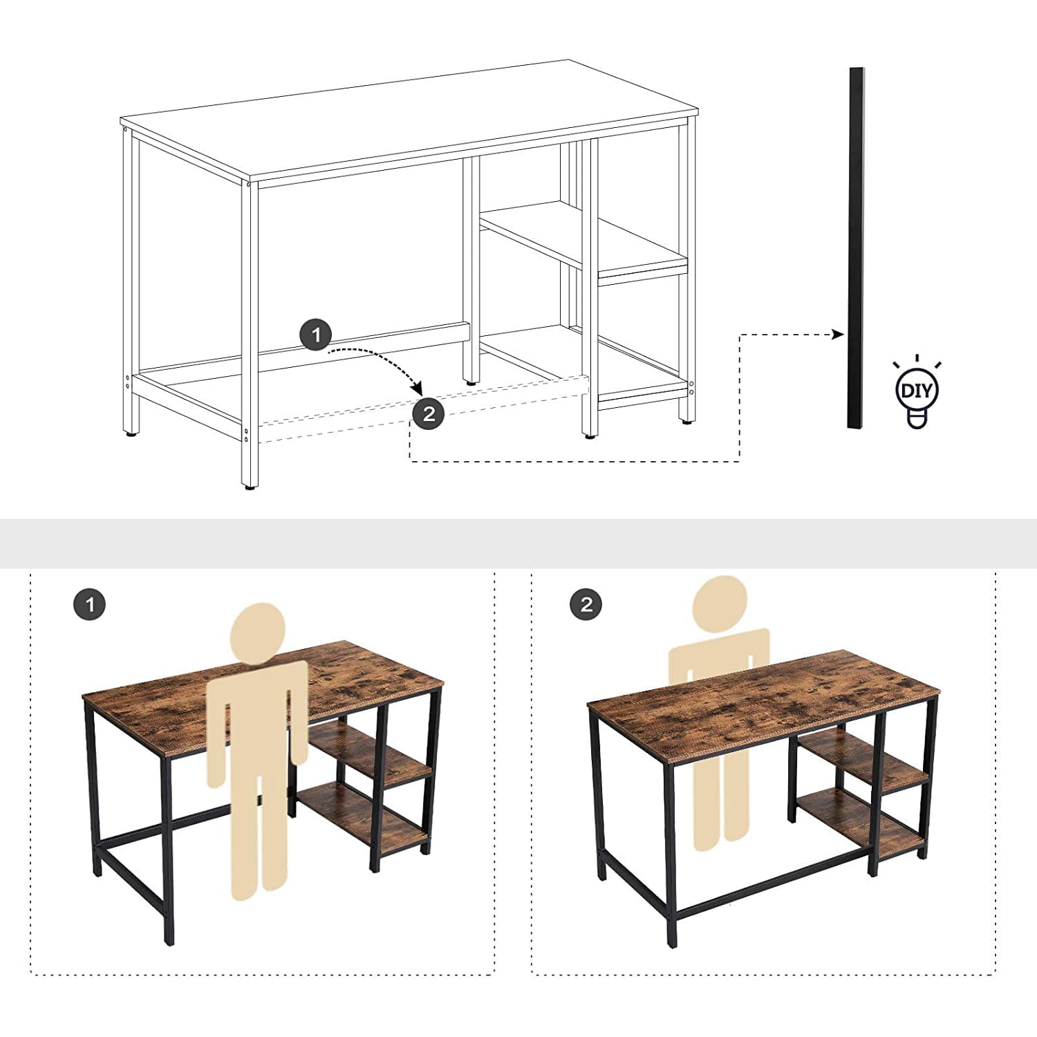 Bureau ordinateur, PC bureau, Armature métallique épaisse, pieds réglables, VASAGLE