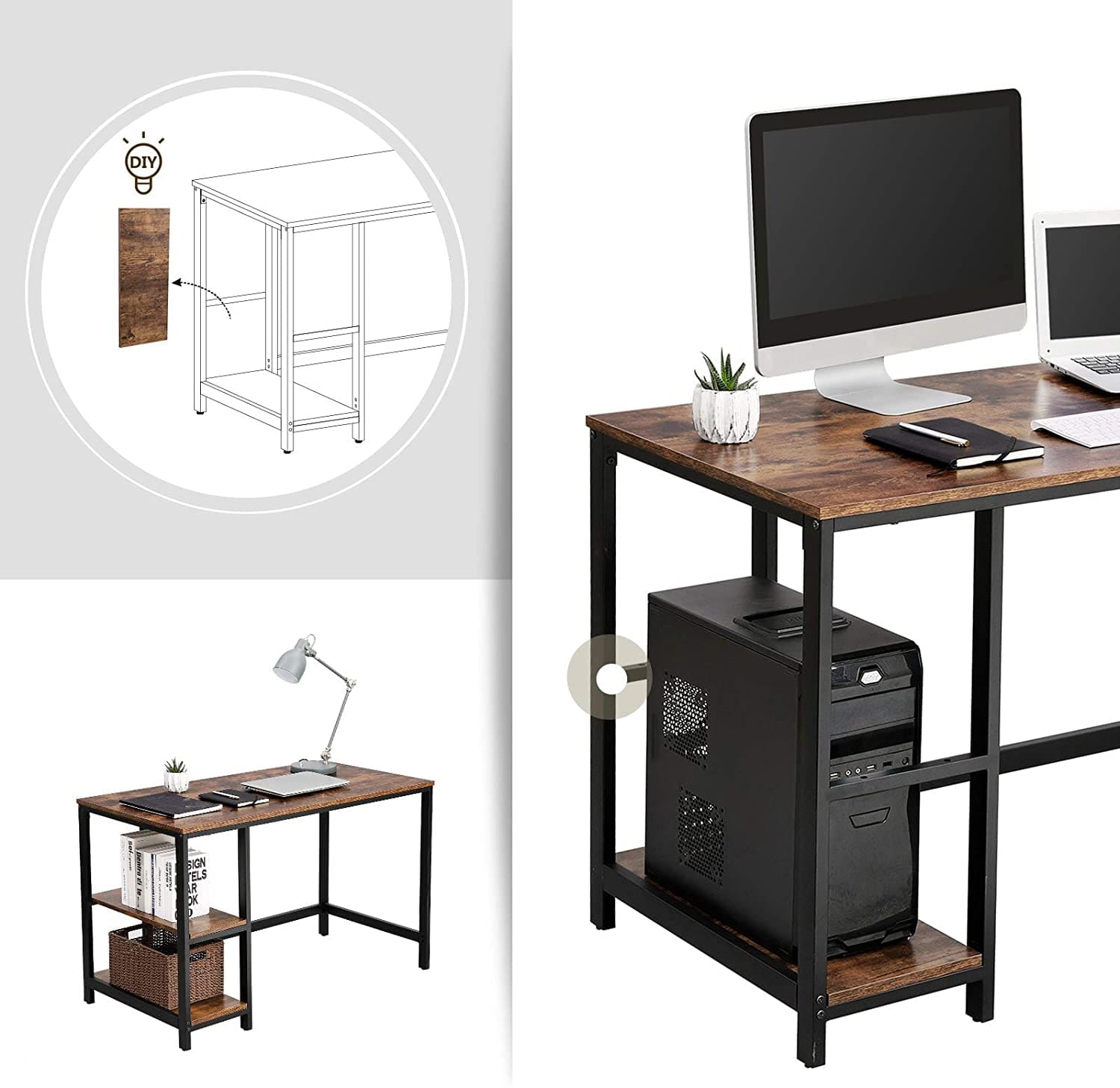 Table pour ordinateur portable, pc bureau, Grande surface et étagère, 2 niveaux, étagère amovible, VASAGLE