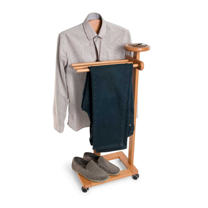 ARIT Antimo – Valet de chambre en hêtre, cintre, 3 porte-pantalons, tablette de rangement, roulettes, couleur cerisier