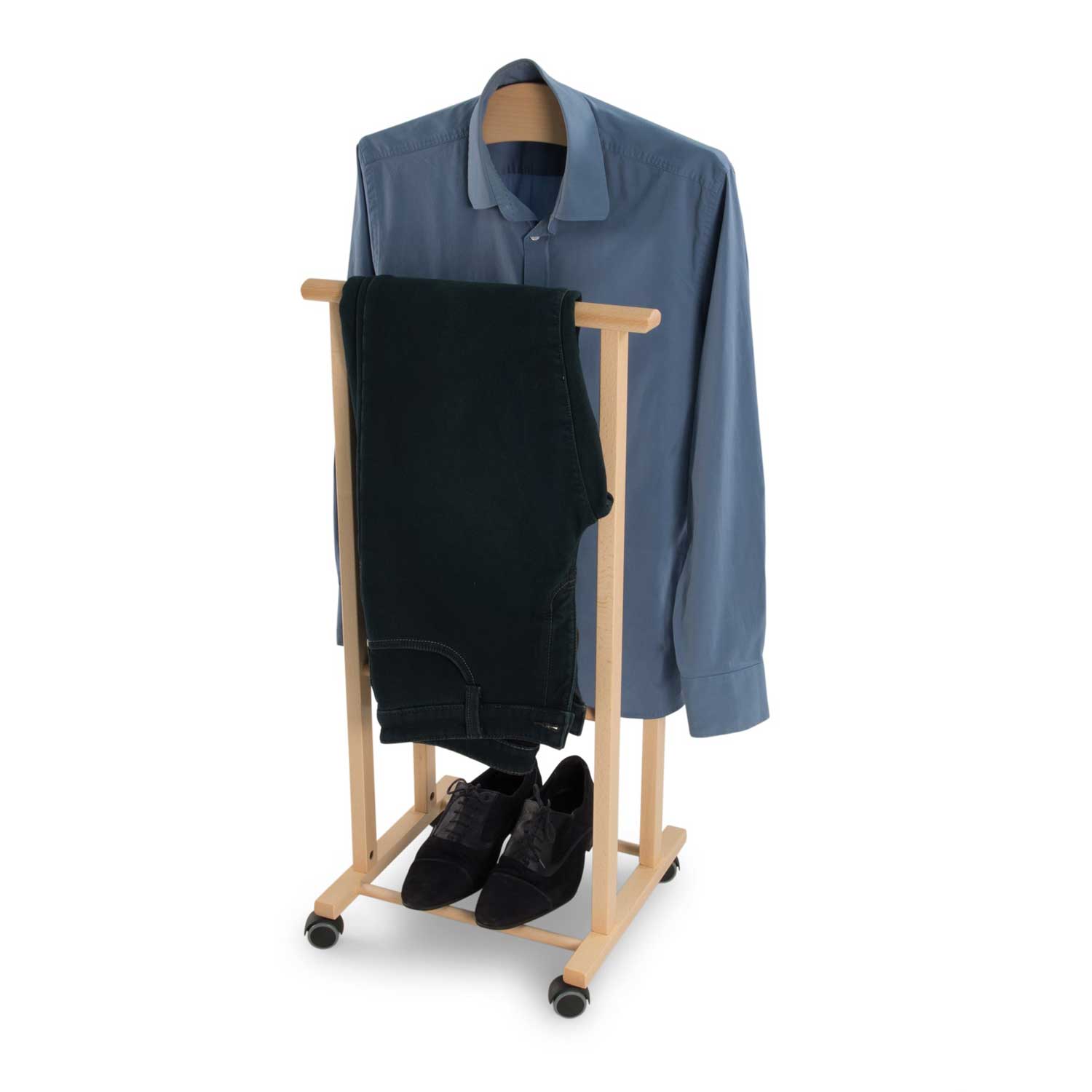 Valet de nuit ATRI, Composé d'un cintre et d'un porte-pantalon, pieds en caoutchouc à la base. - couleur naturellele