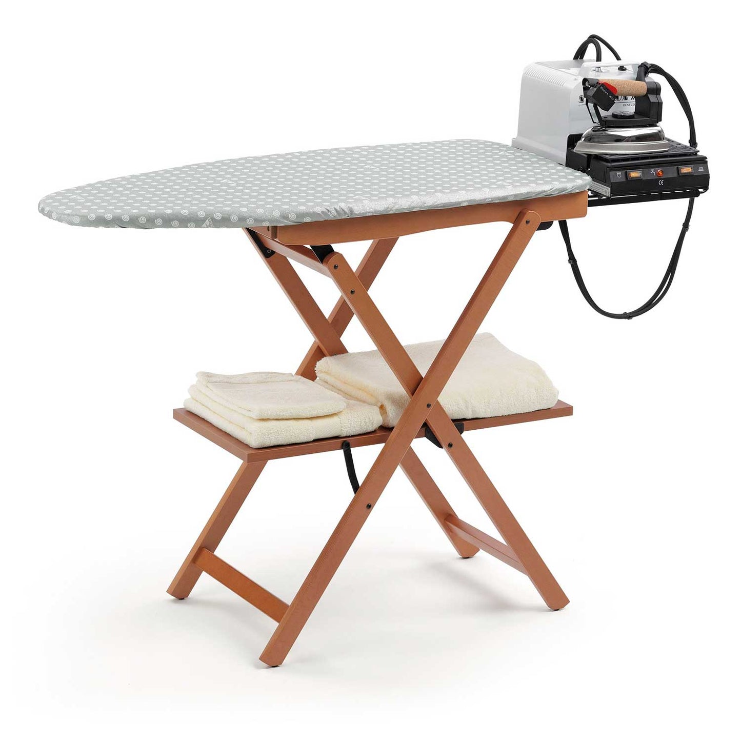 Table à repasser ASTIR, hauteur du plan de travail 87 cm, pieds à la base, repose-fer coulissant - couleur cerise