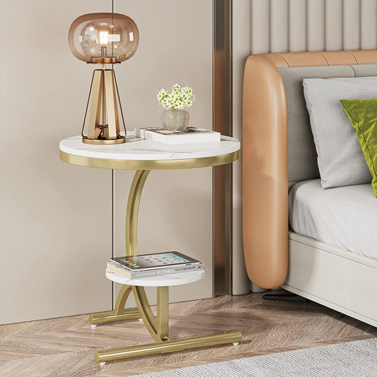 Table Basse Ronde,Table d'appoint Ronde Style Moderne à 2 Niveaux, Table d'appoint étagère Pieds en Forme de C, 2