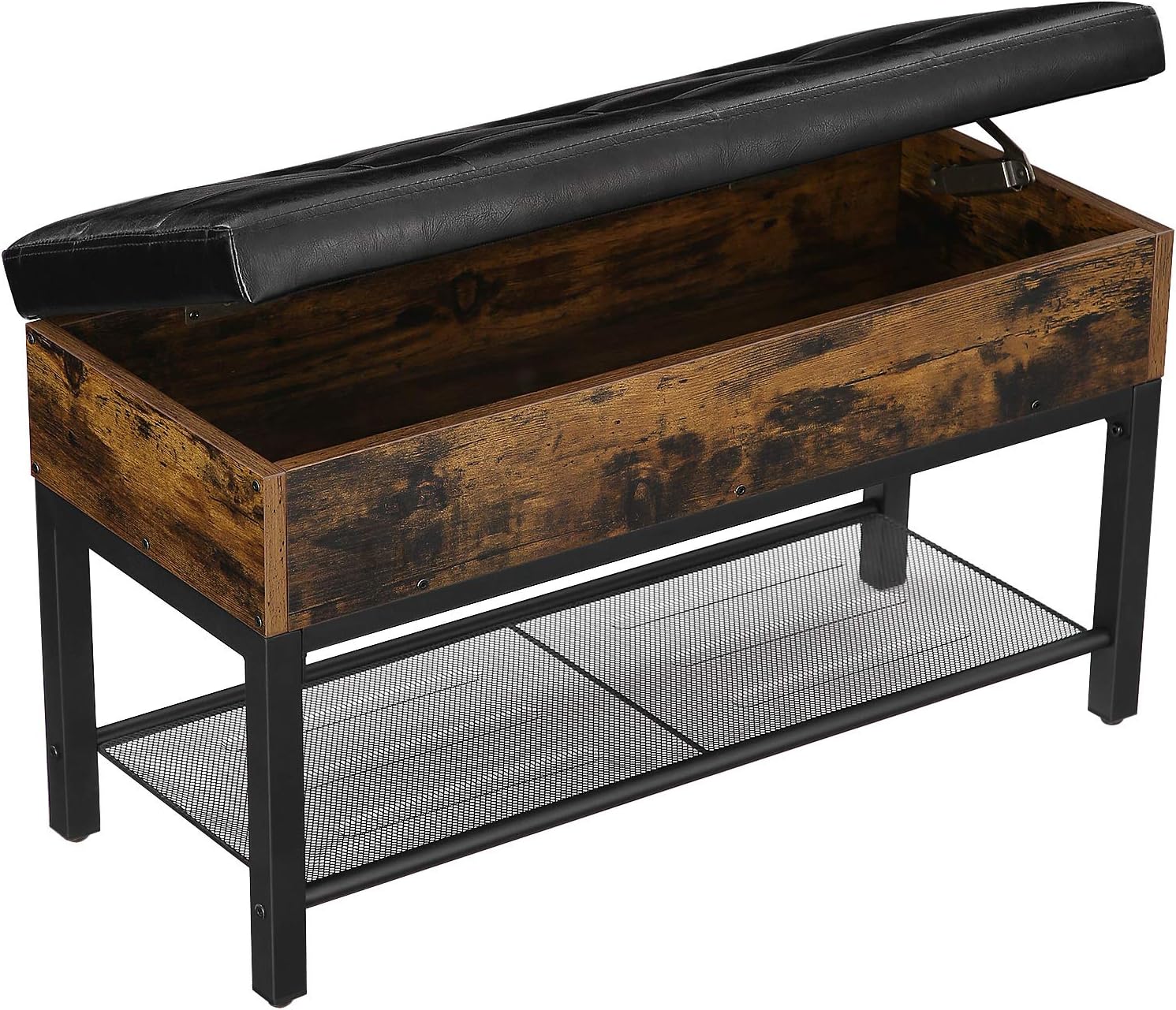 Banc à Chaussures, avec Coffre et étagère en Maille, rembourré, Bout de lit, Cadre en Acier, Marron Noir, VASAGLE, 2