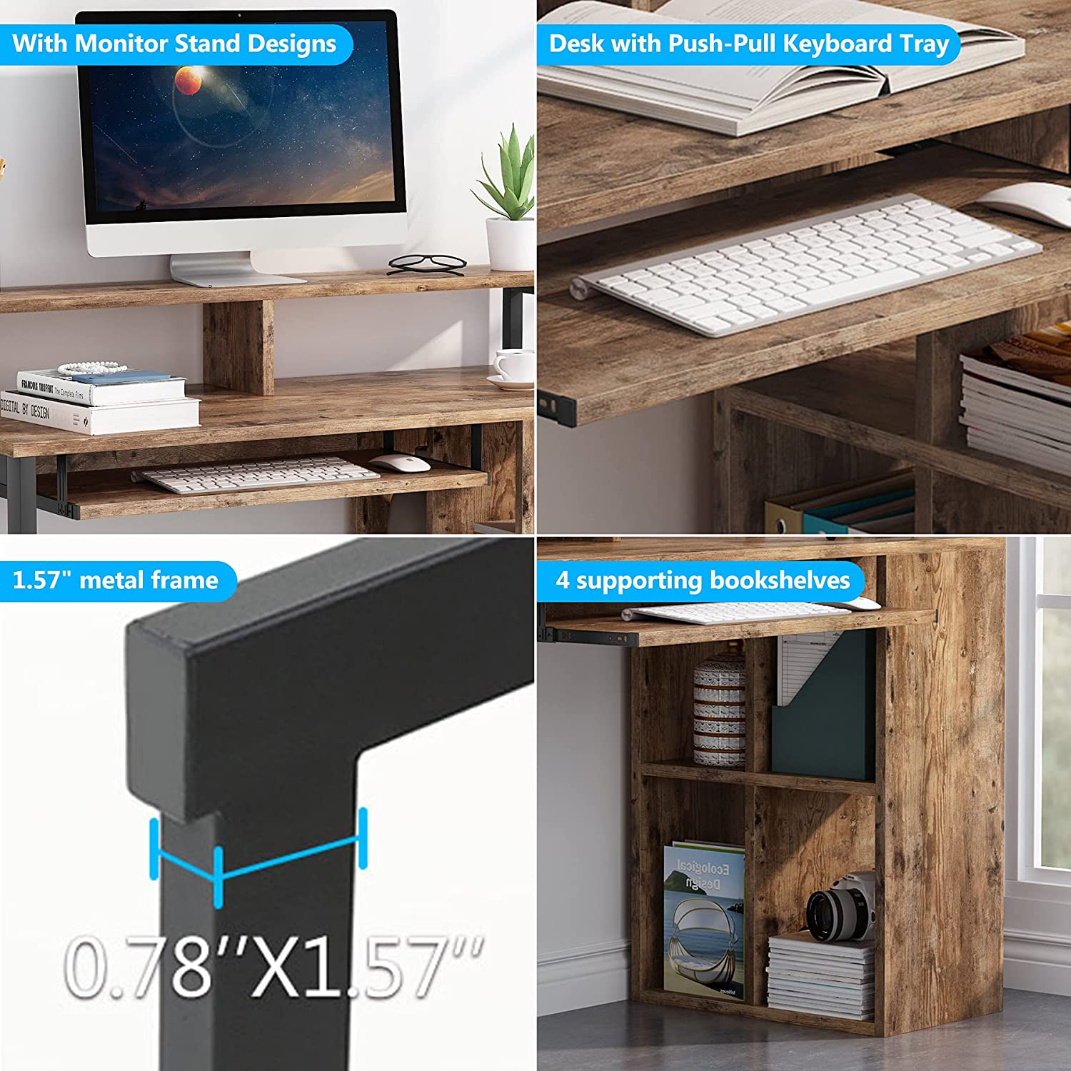  Bureau avec bibliothèque 4 cubes et plateau clavier coulissant de 24,21". Pratique pour livres et clavier, Tribesings