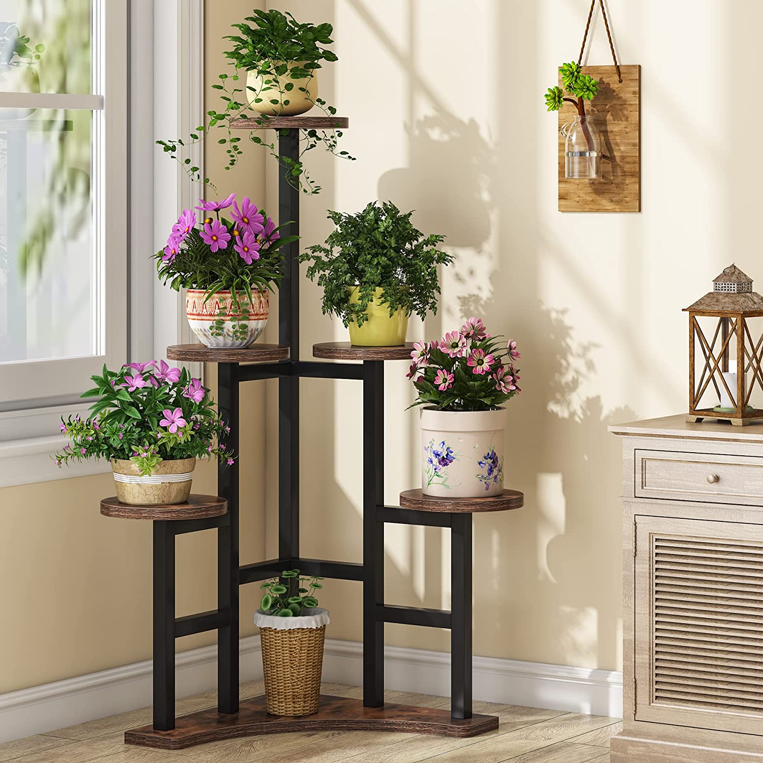 Support de Plante en Métal, Etagère à Fleur en Bois Supports de Pots Porte Plante à 6 Niveaux Escalier, 1