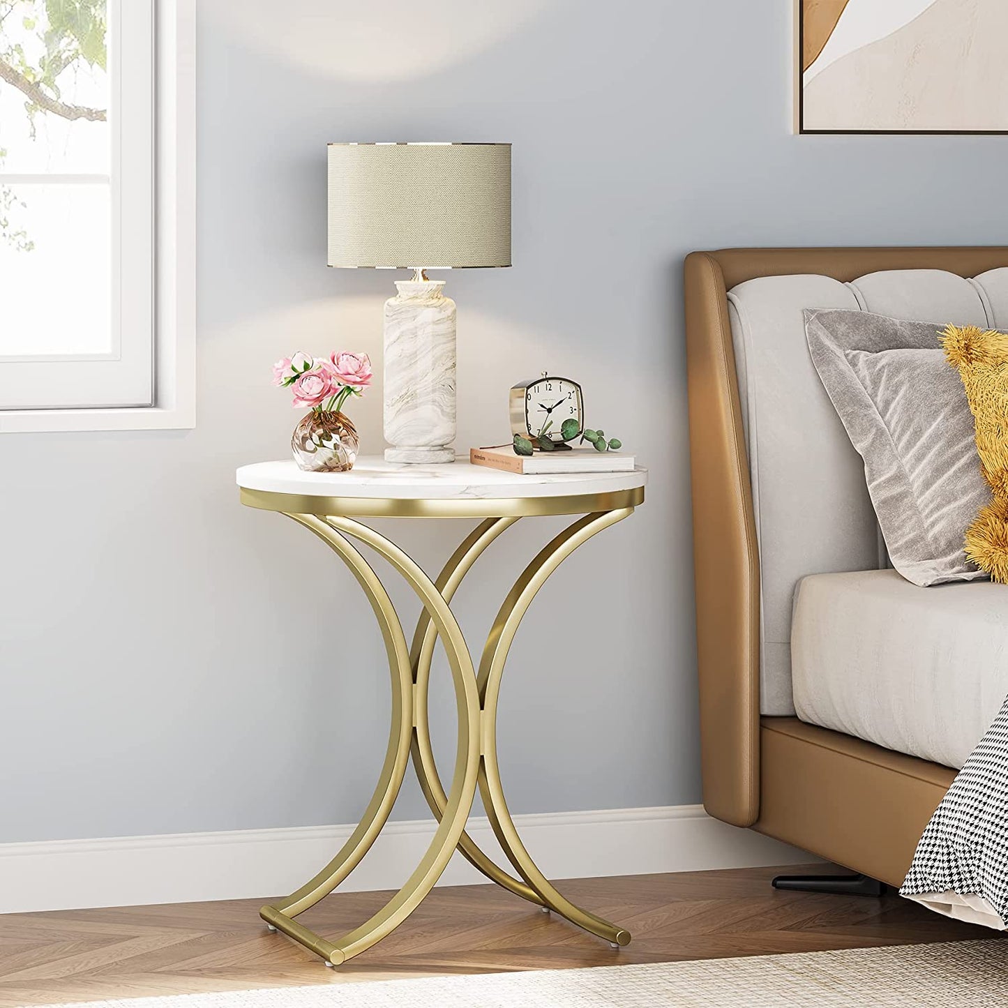 Tribesigns - Table d'appoint Monde en Or Blanc - Petite Table Base Moderne - Table de Chevet Ronde avec Cadre en métal doré