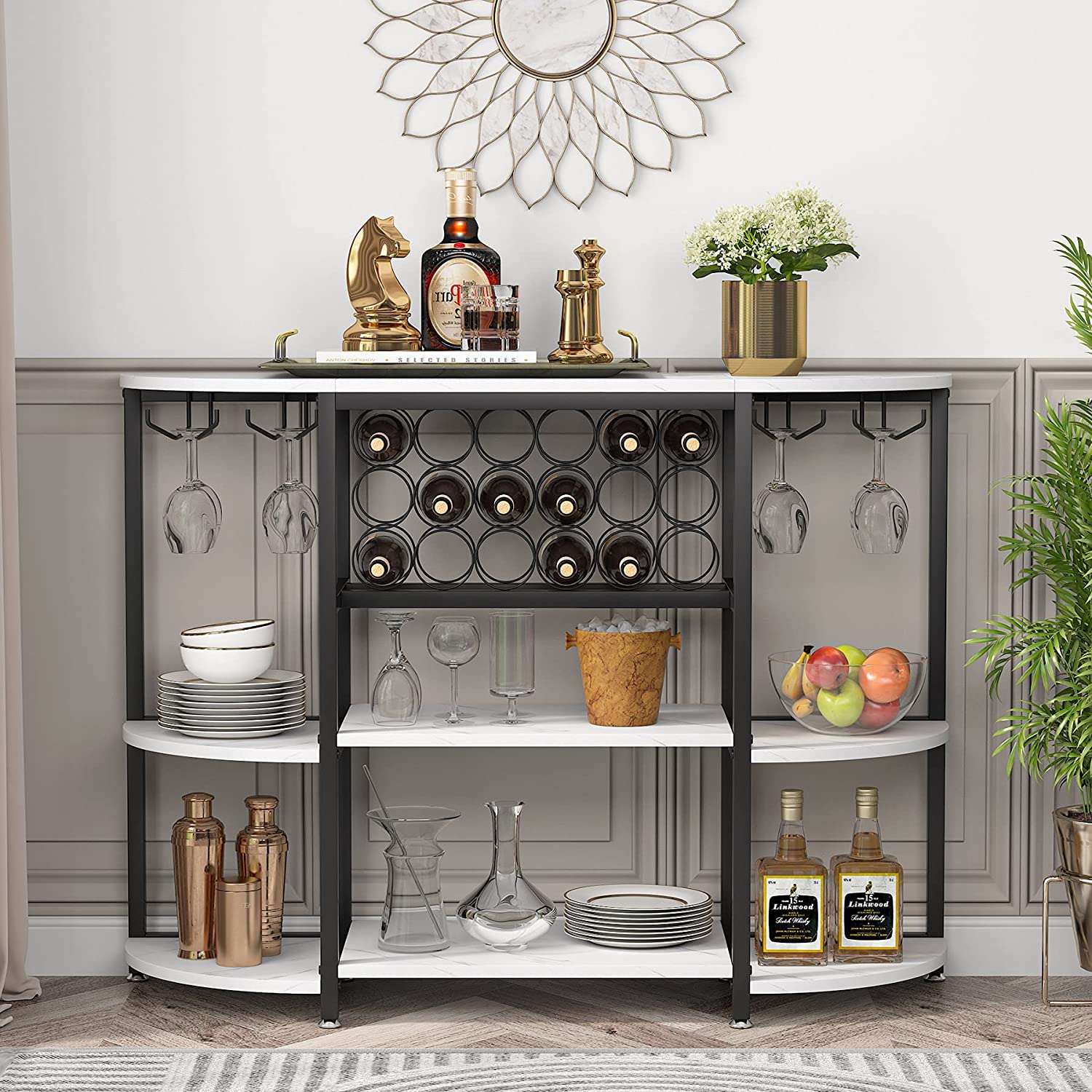 Étagère à vin Autonome Moderne avec Rangement, Support à vin Autonome pour Liqueur et Verres pour la Maison, Blanc, Tribesigns, 2