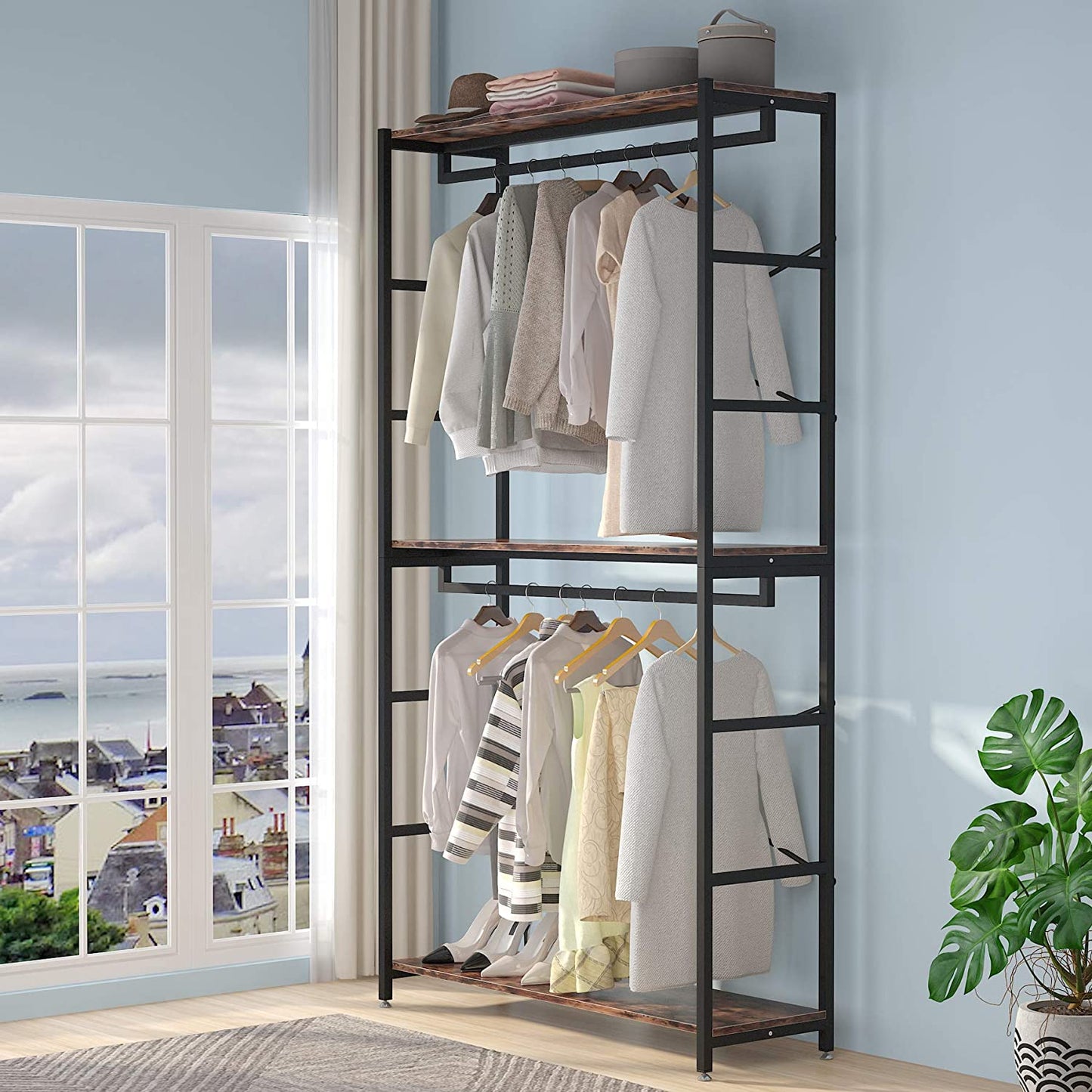 Tribesigns - Organiseur de placard à double tringle à 3 niveaux pour vêtements - Grande étagère de rangement robuste pour chambre à coucher