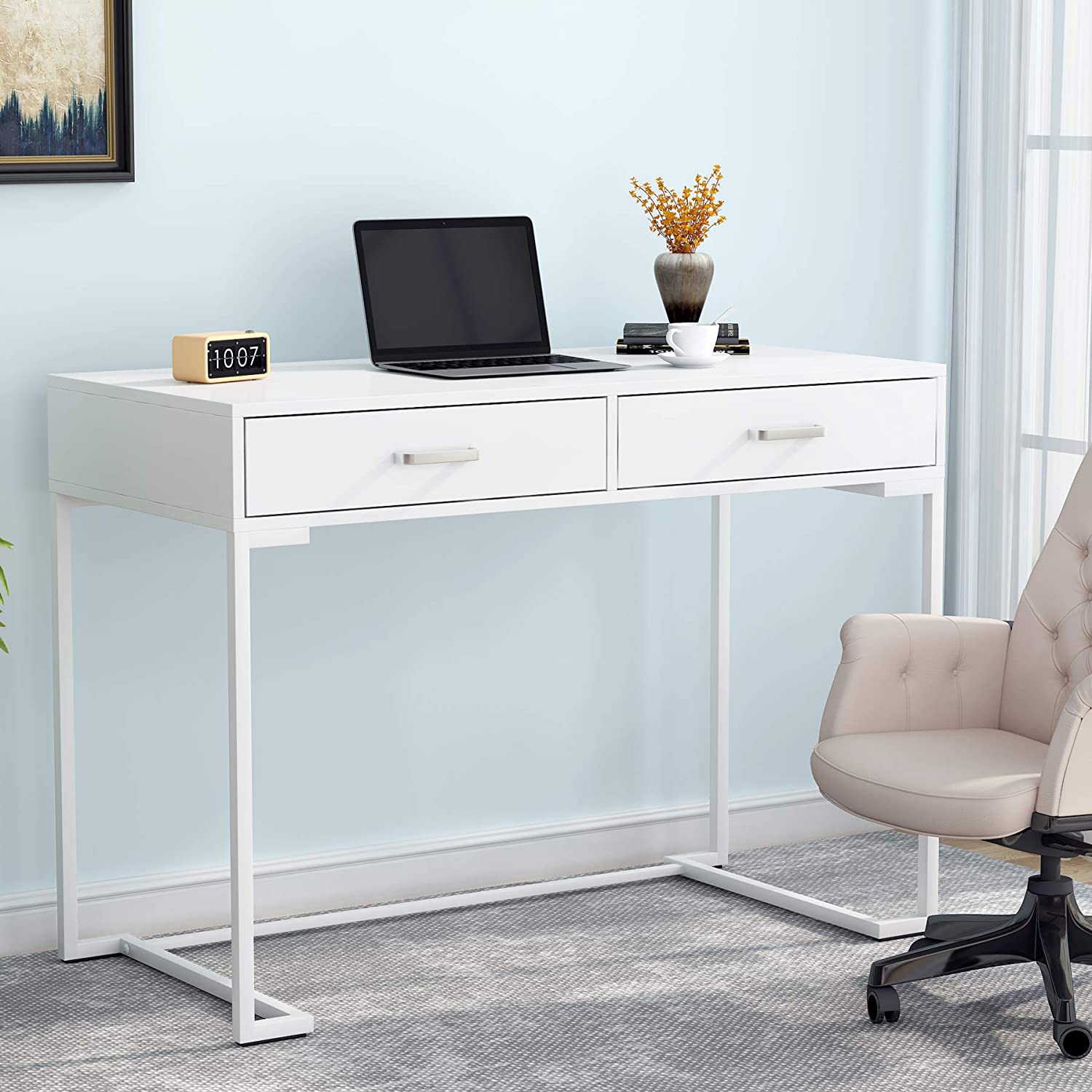 Bureau ordinateur, 100 cm Bureau avec Rangement, Table de Bureau, Simple et Moderne, Blanc, Tribesings