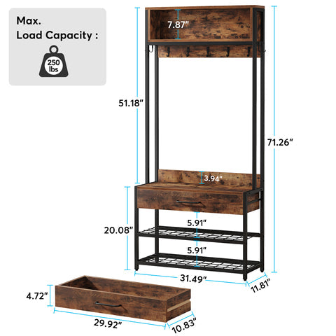 Arbre d’entrée 3-en-1 avec tiroir, Porte-Manteau avec Banc à Chaussures, Banc Mudroom avec Porte-Chaussures et 9 Crochets, 3