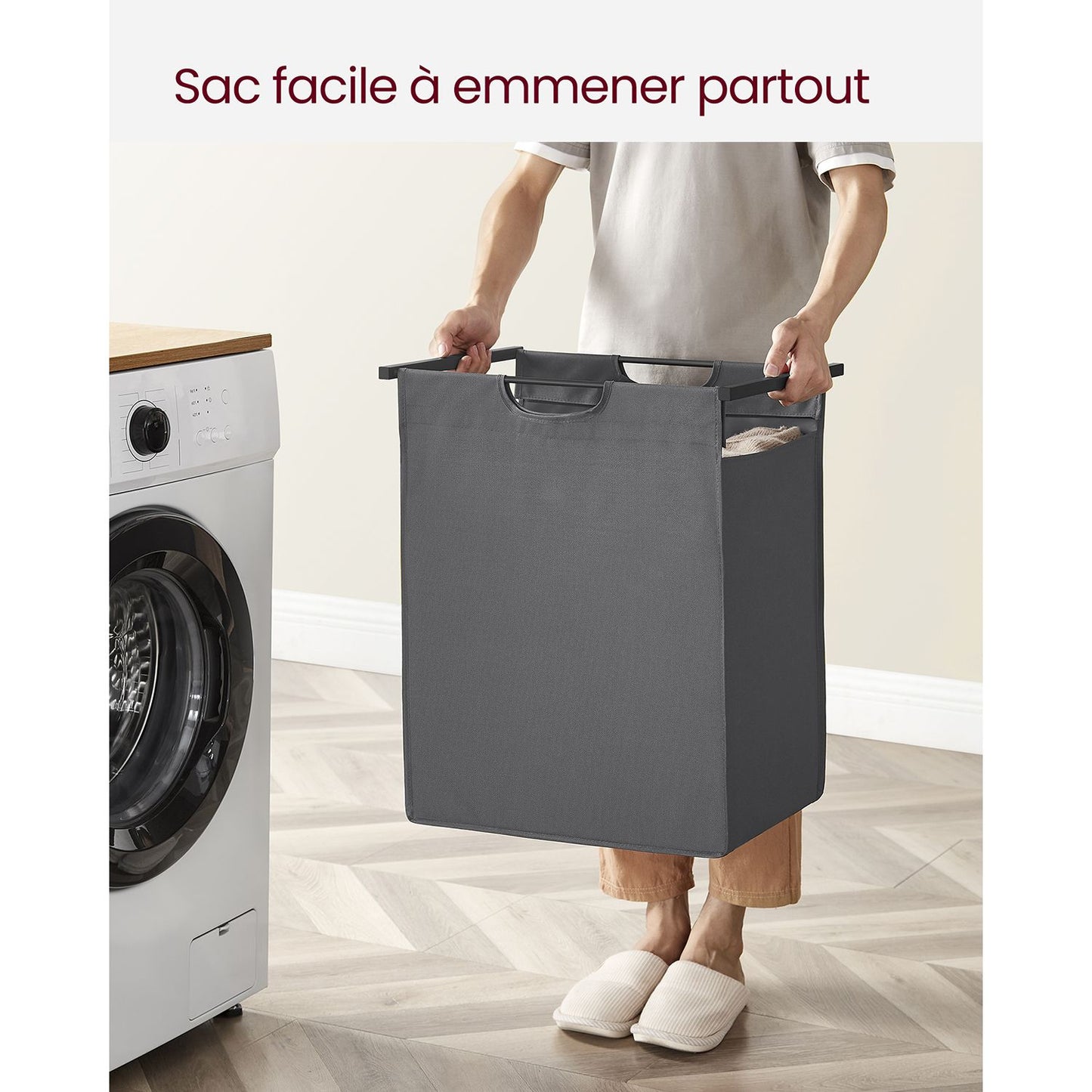 Panier à Linge Pliable, Panier Linge Bois, Sac à Linge Coulissant et Amovible, Etagère, 65L, Noir et Gris, VASAGLE, 3