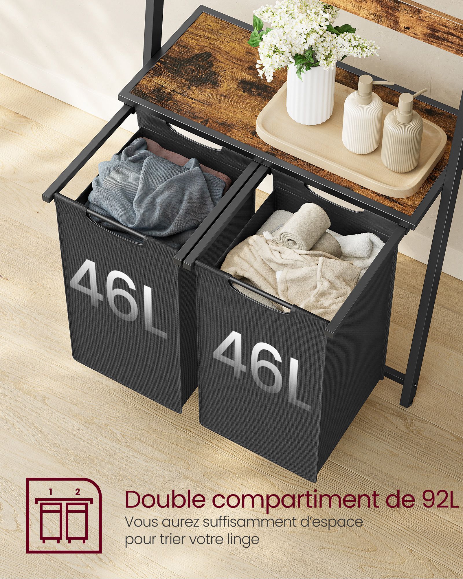 Panier à Linge Pliable, Panier Linge Bois, Panier à Linge Double, Corbeille Linge Sale, 2 x 46L, Marron-Noir, VASAGLE, 5