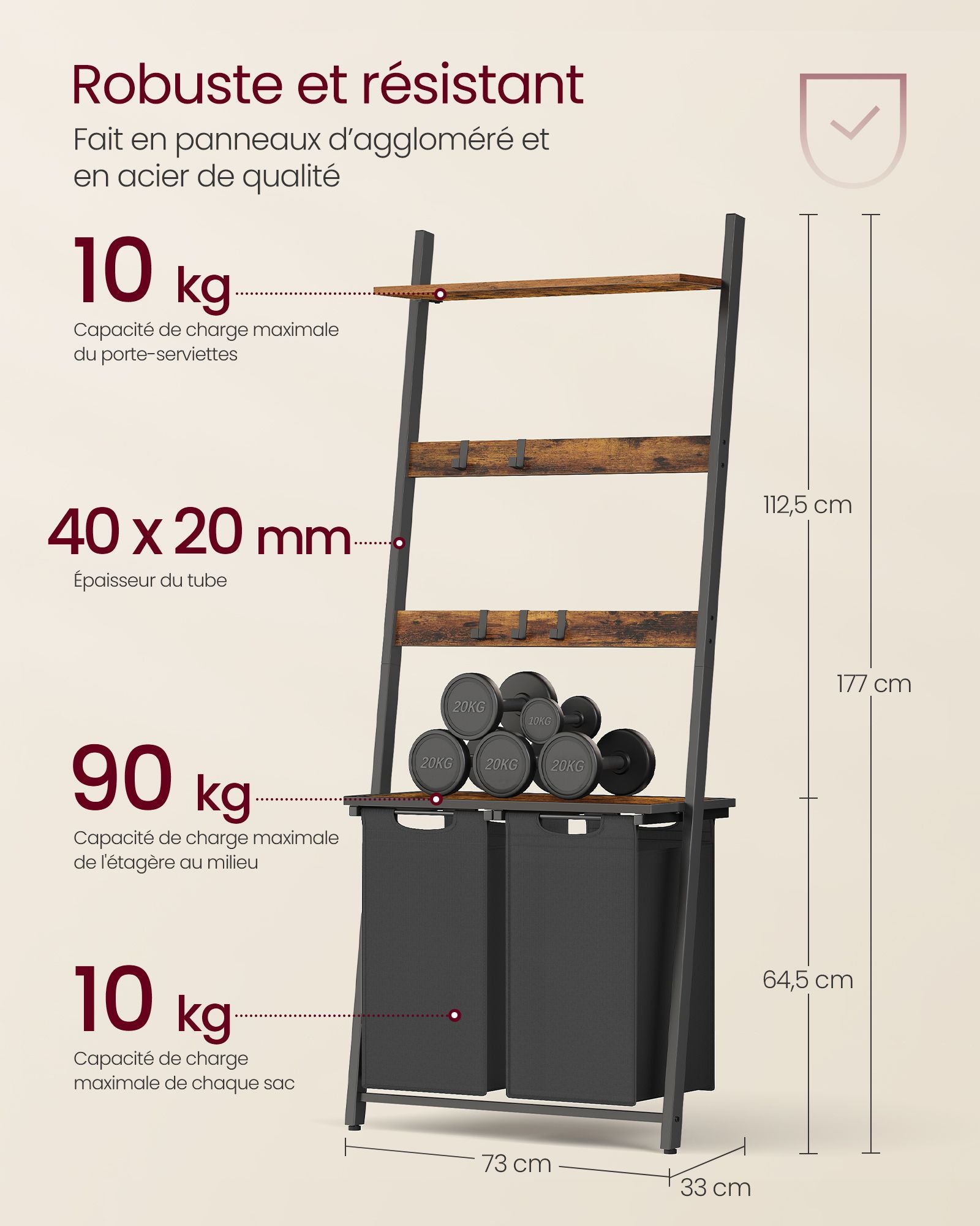 Panier à Linge Pliable, Panier Linge Bois, Panier à Linge Double, Corbeille Linge Sale, 2 x 46L, Marron-Noir, VASAGLE, 7