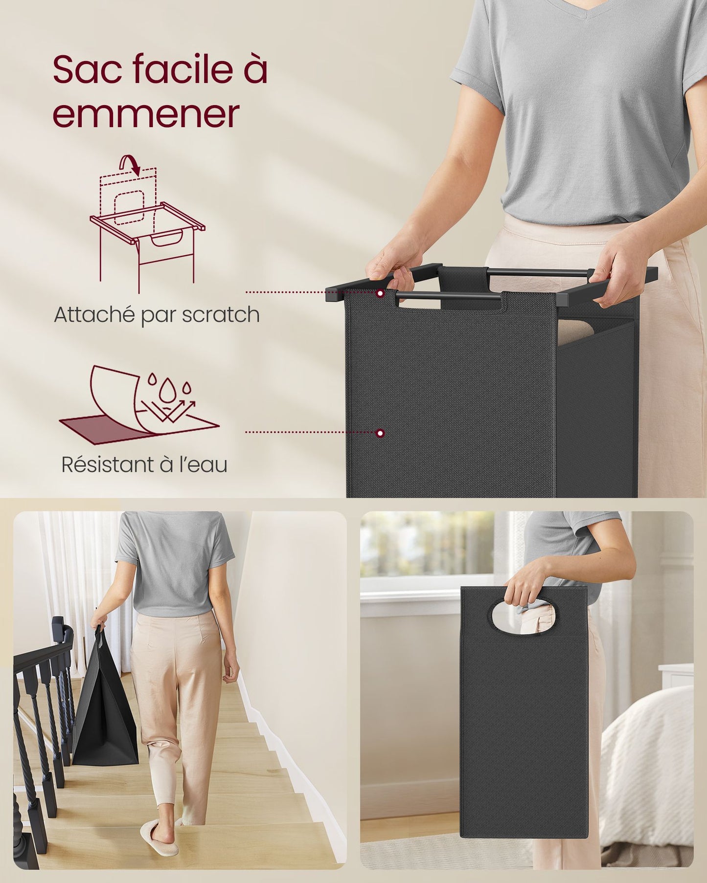 Panier à Linge Pliable, Panier Linge Bois, Corbeille Linge Sale, 2 x 46 L, 73 x 33 x 177 cm, Marron et Noir, VASAGLE, 7