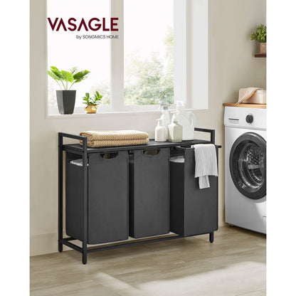 Panier à Linge Pliable, Panier Linge Bois, Panier à Linge Sale, Corbeille 3 Compartiment, Bac, 38L, Noir et Gris, VASAGLE, 8