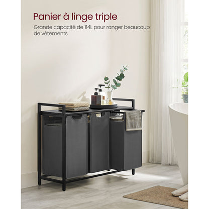 Panier à Linge Pliable, Panier Linge Bois, Panier à Linge Sale, Corbeille 3 Compartiment, Bac, 38L, Noir et Gris, VASAGLE, 3